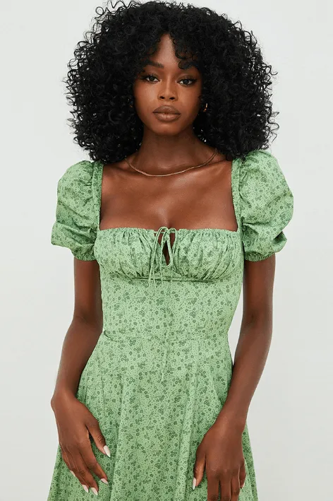 Square neck puff sleeve midi dress