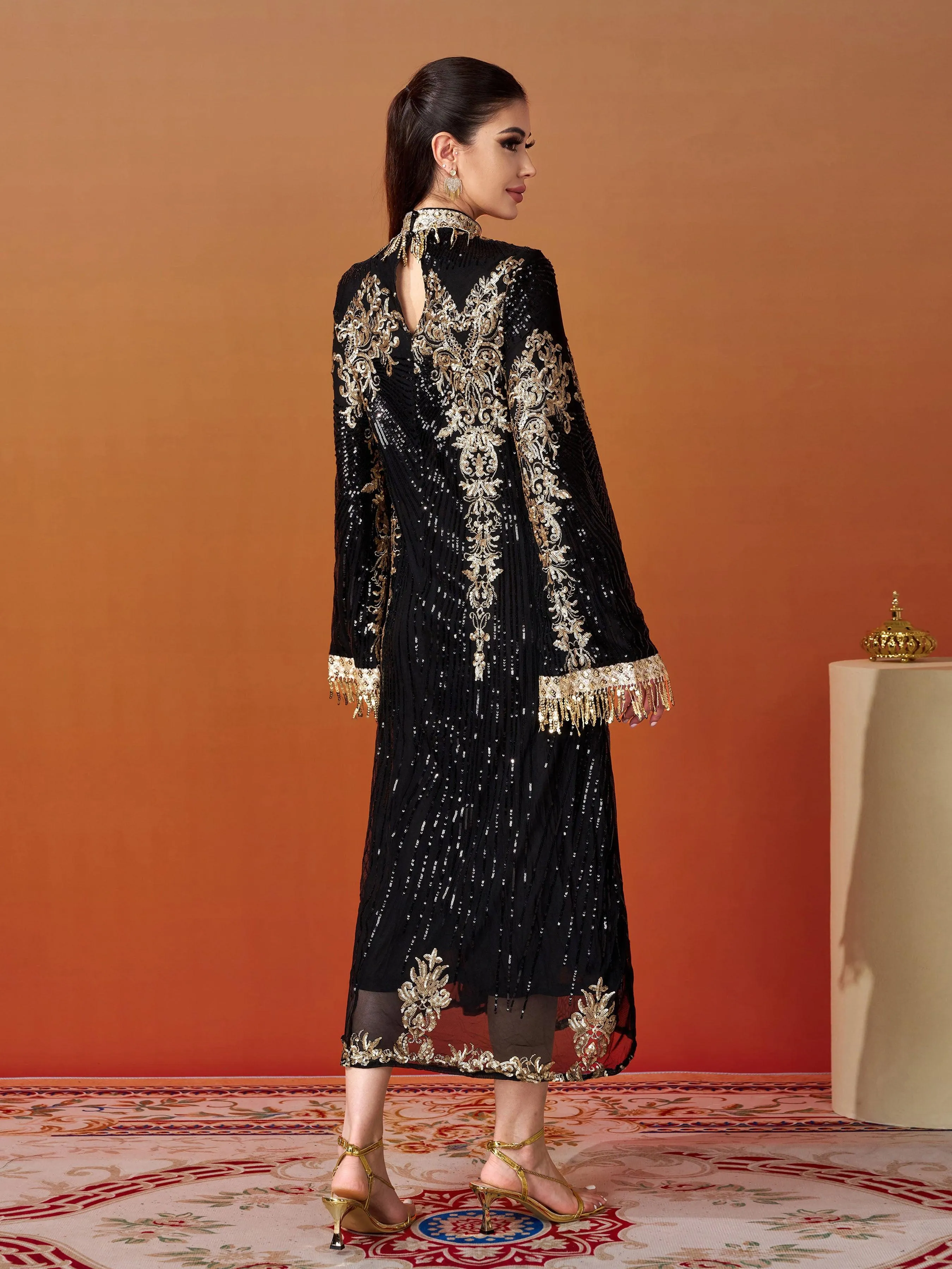 Stand Collar Bell Sleeve Sequin Dress MES00344
