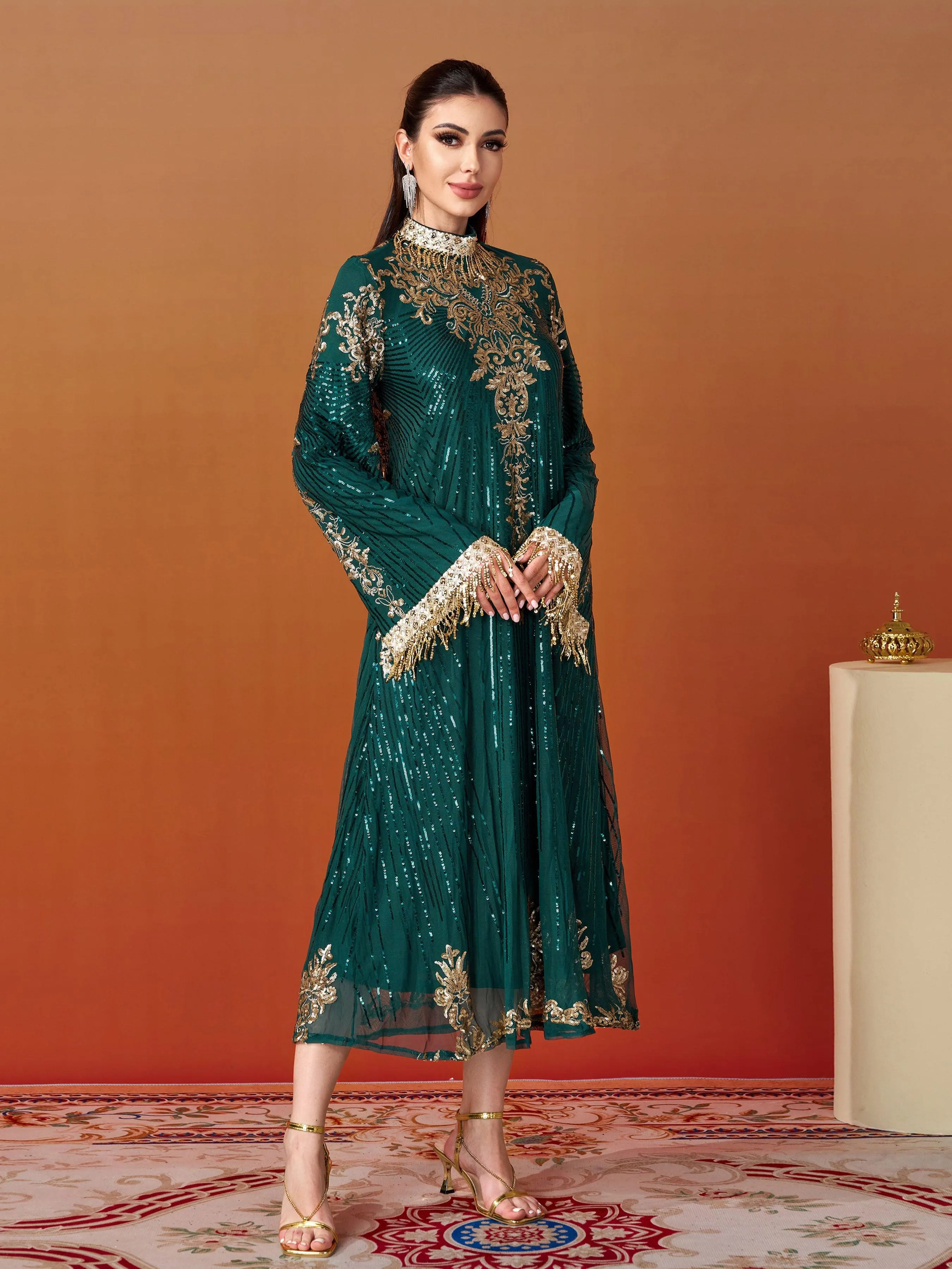 Stand Collar Bell Sleeve Sequin Dress MES00344
