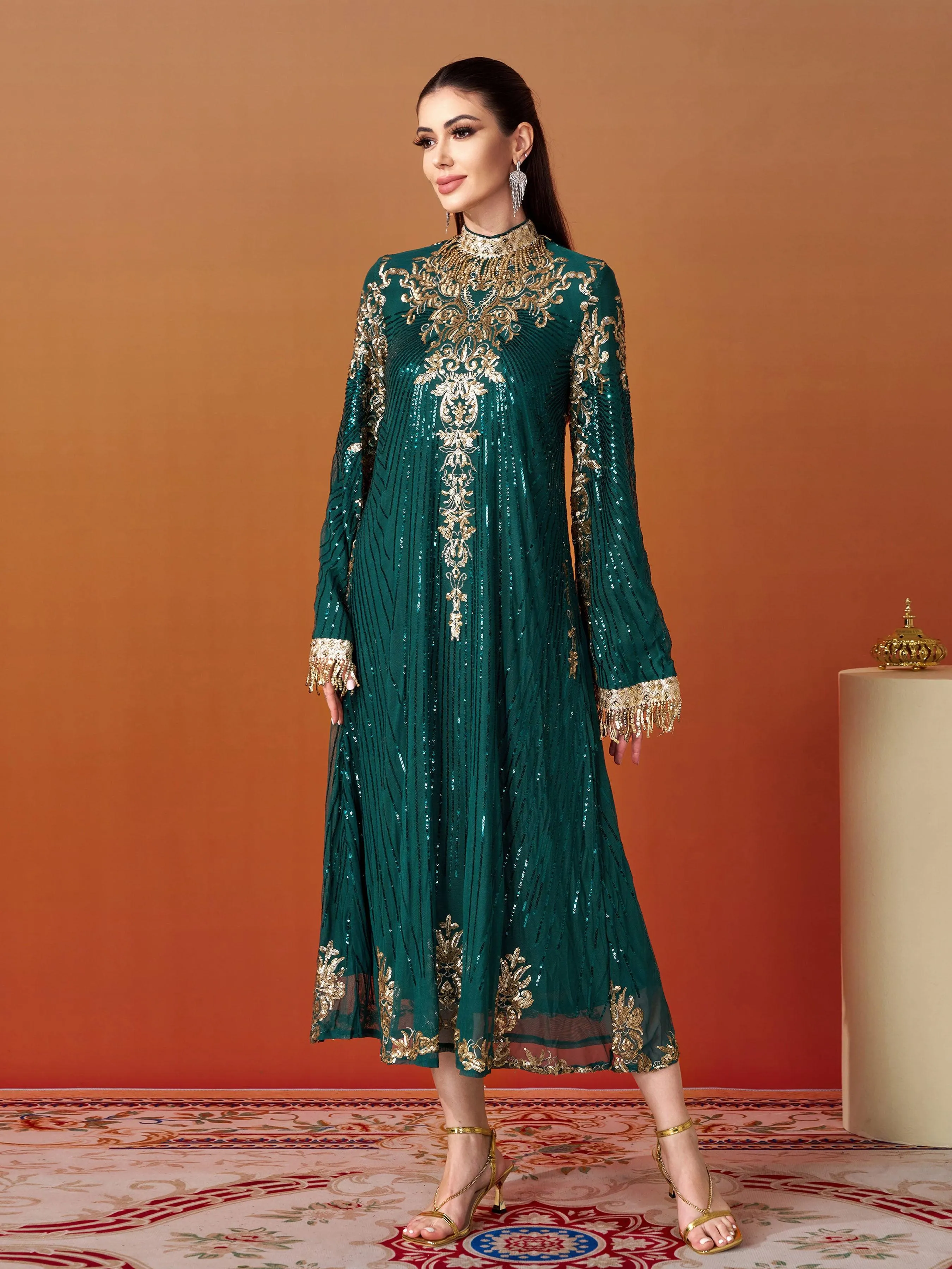 Stand Collar Bell Sleeve Sequin Dress MES00344