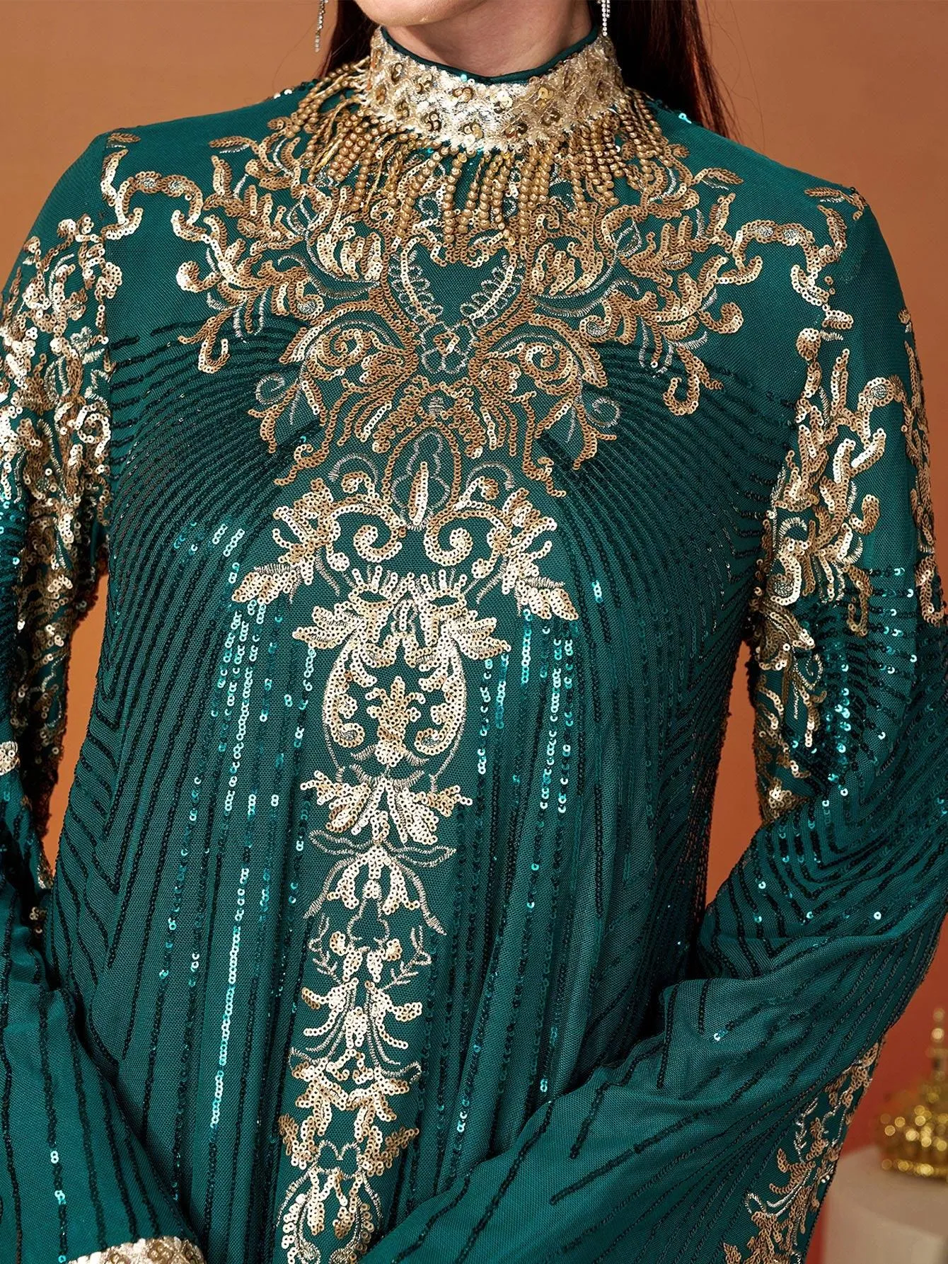 Stand Collar Bell Sleeve Sequin Dress MES00344
