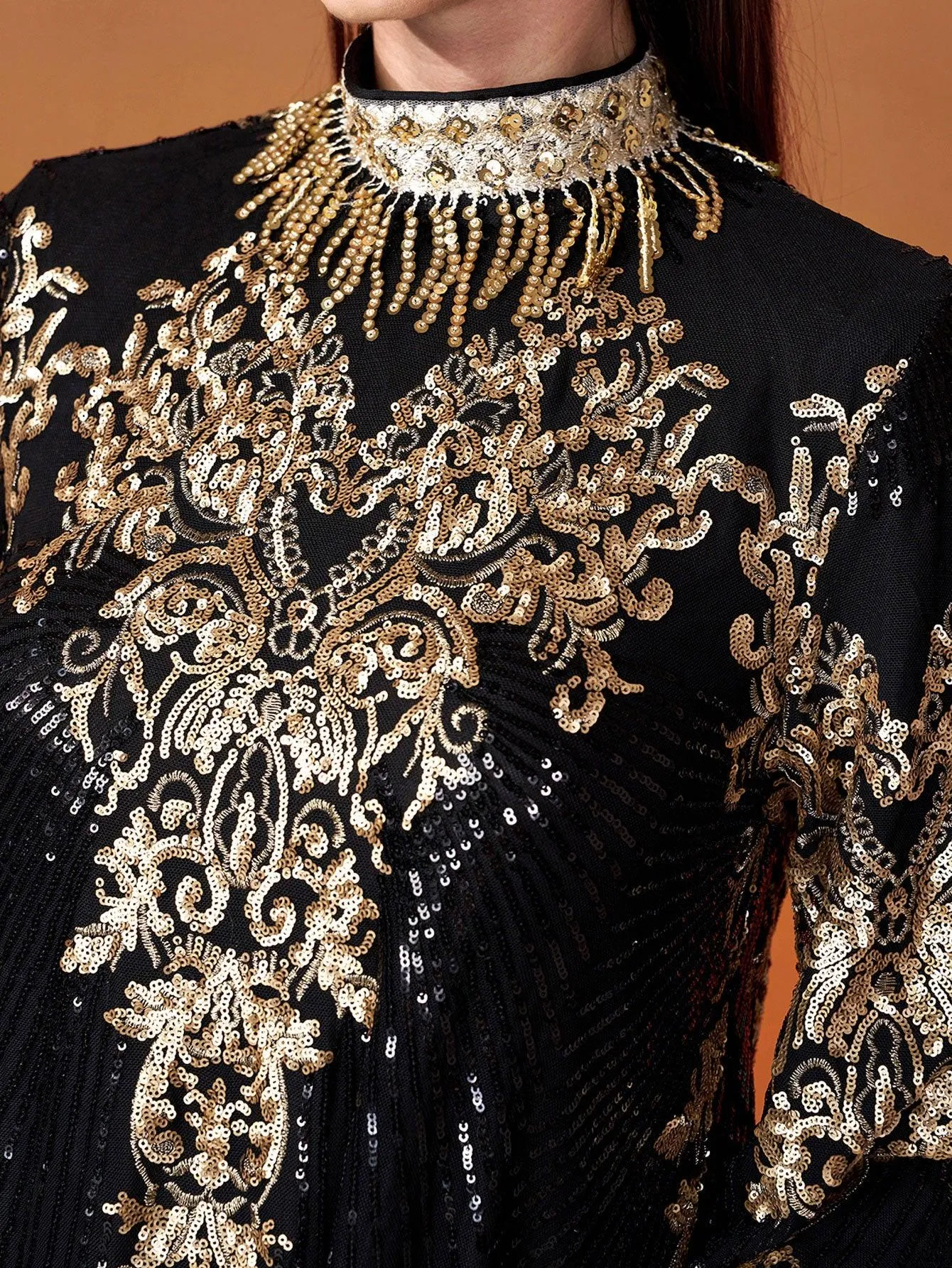 Stand Collar Bell Sleeve Sequin Dress MES00344