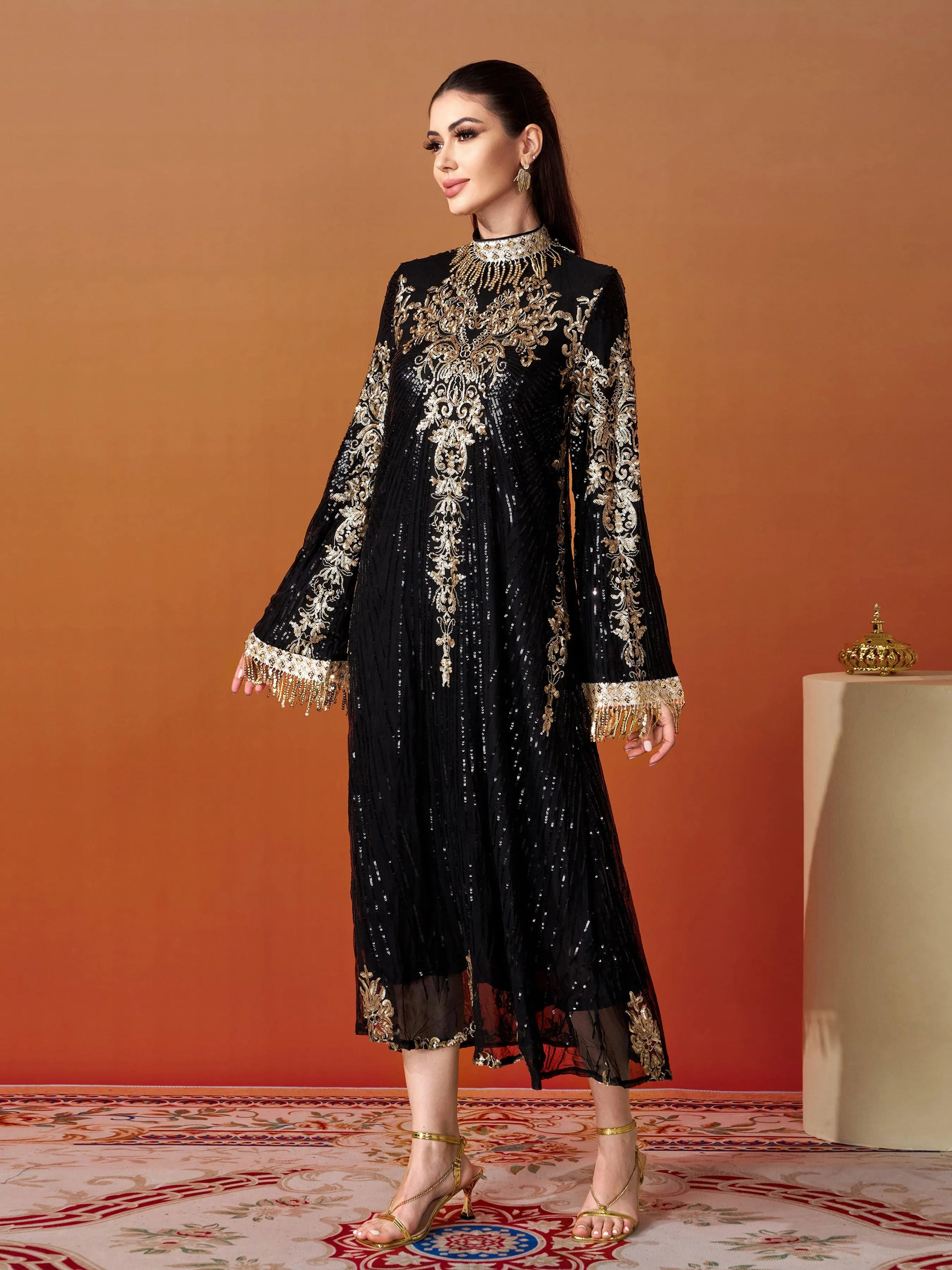 Stand Collar Bell Sleeve Sequin Dress MES00344