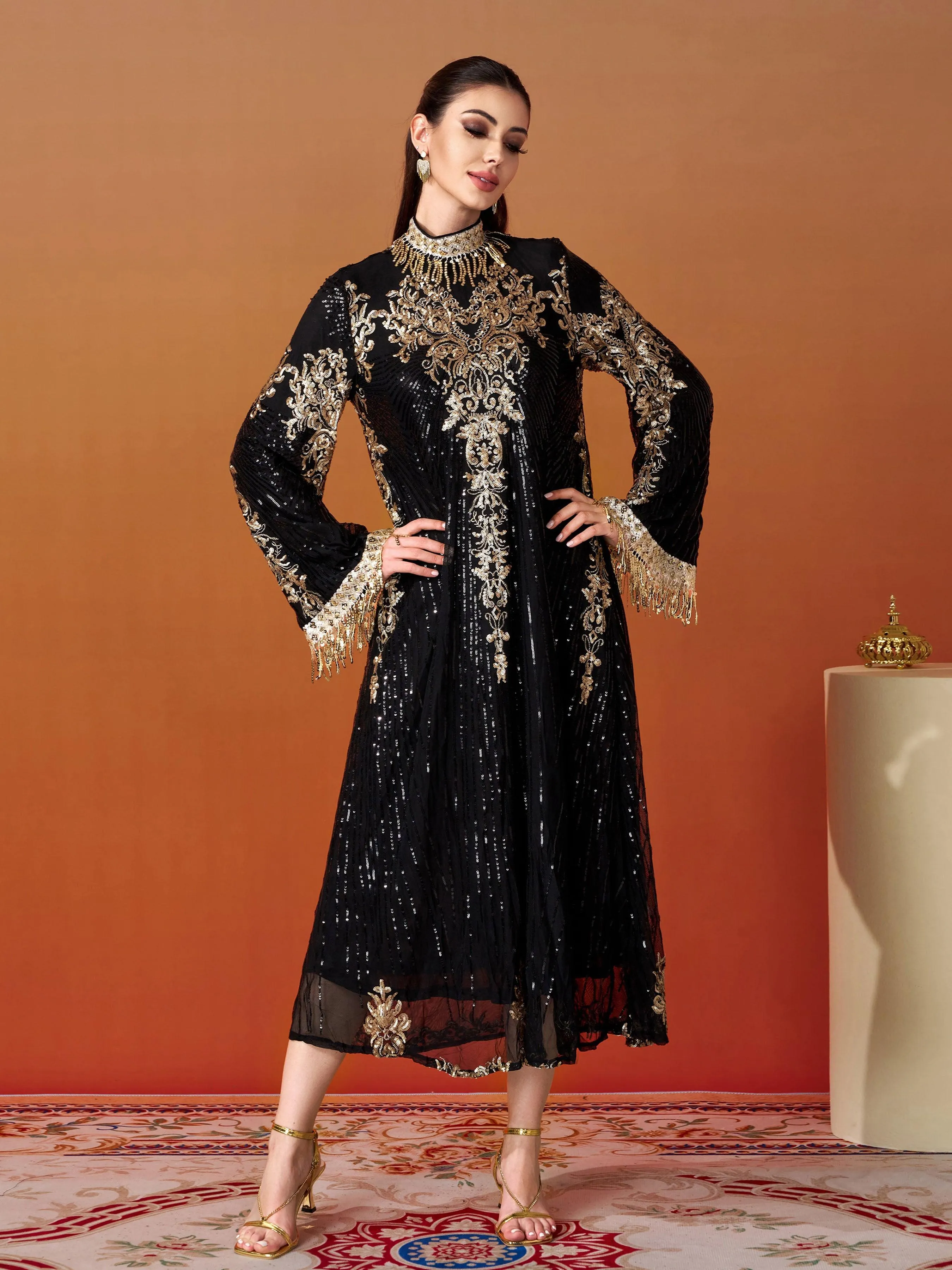 Stand Collar Bell Sleeve Sequin Dress MES00344