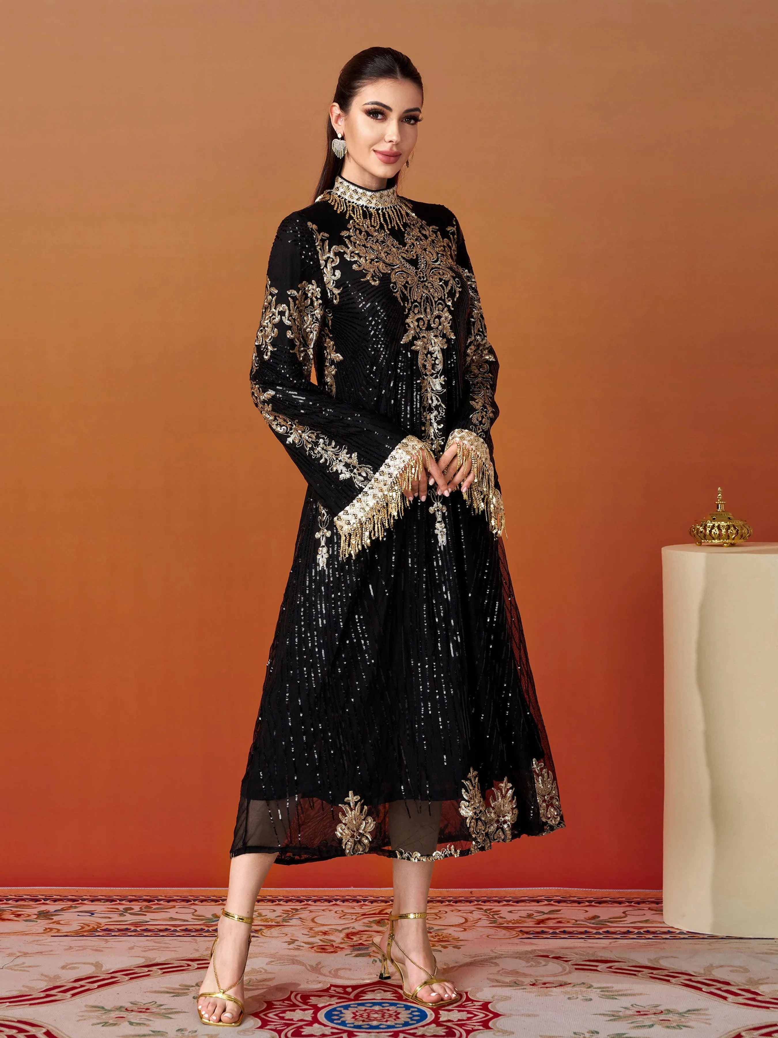Stand Collar Bell Sleeve Sequin Dress MES00344