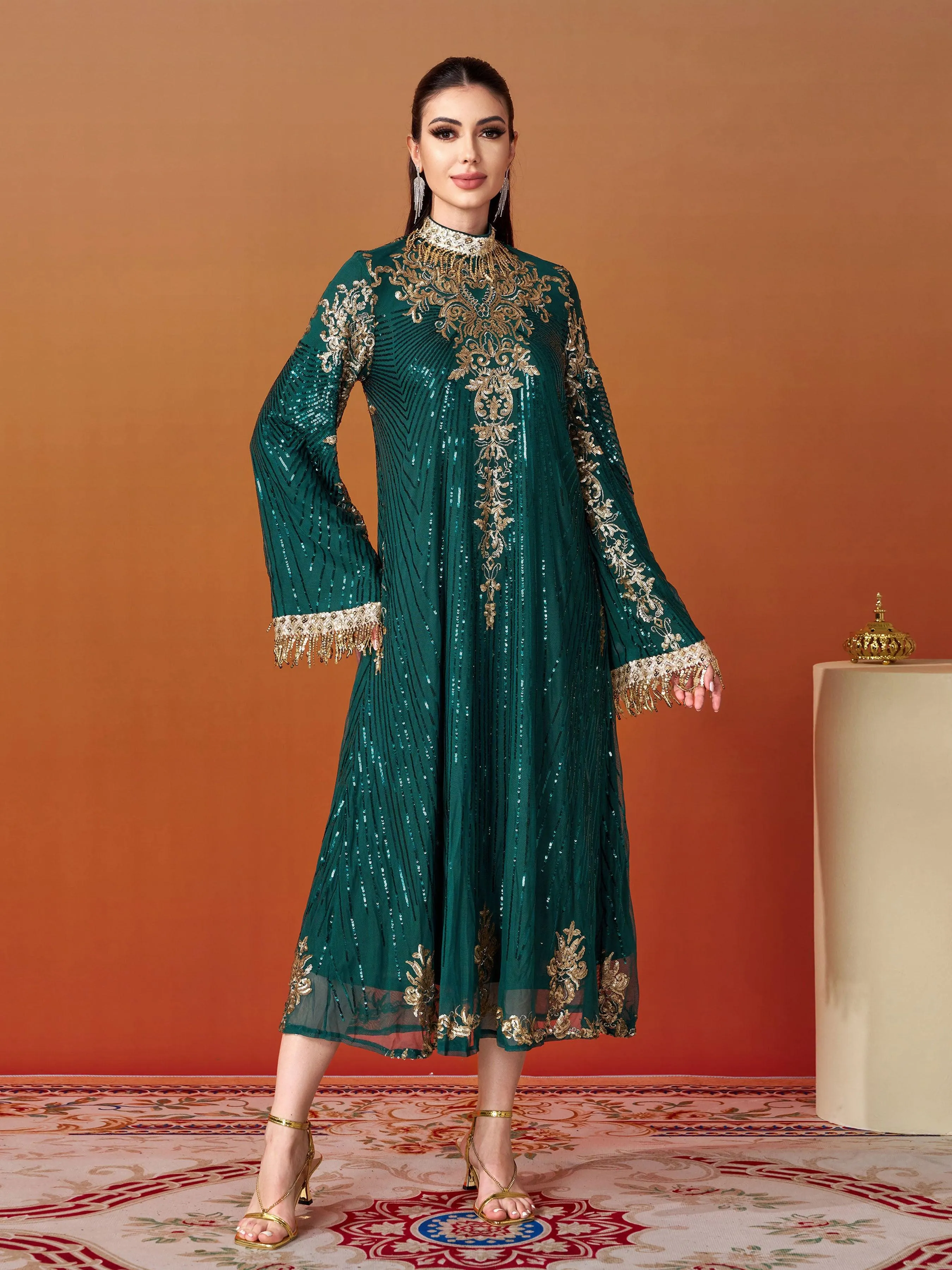Stand Collar Bell Sleeve Sequin Dress MES00344