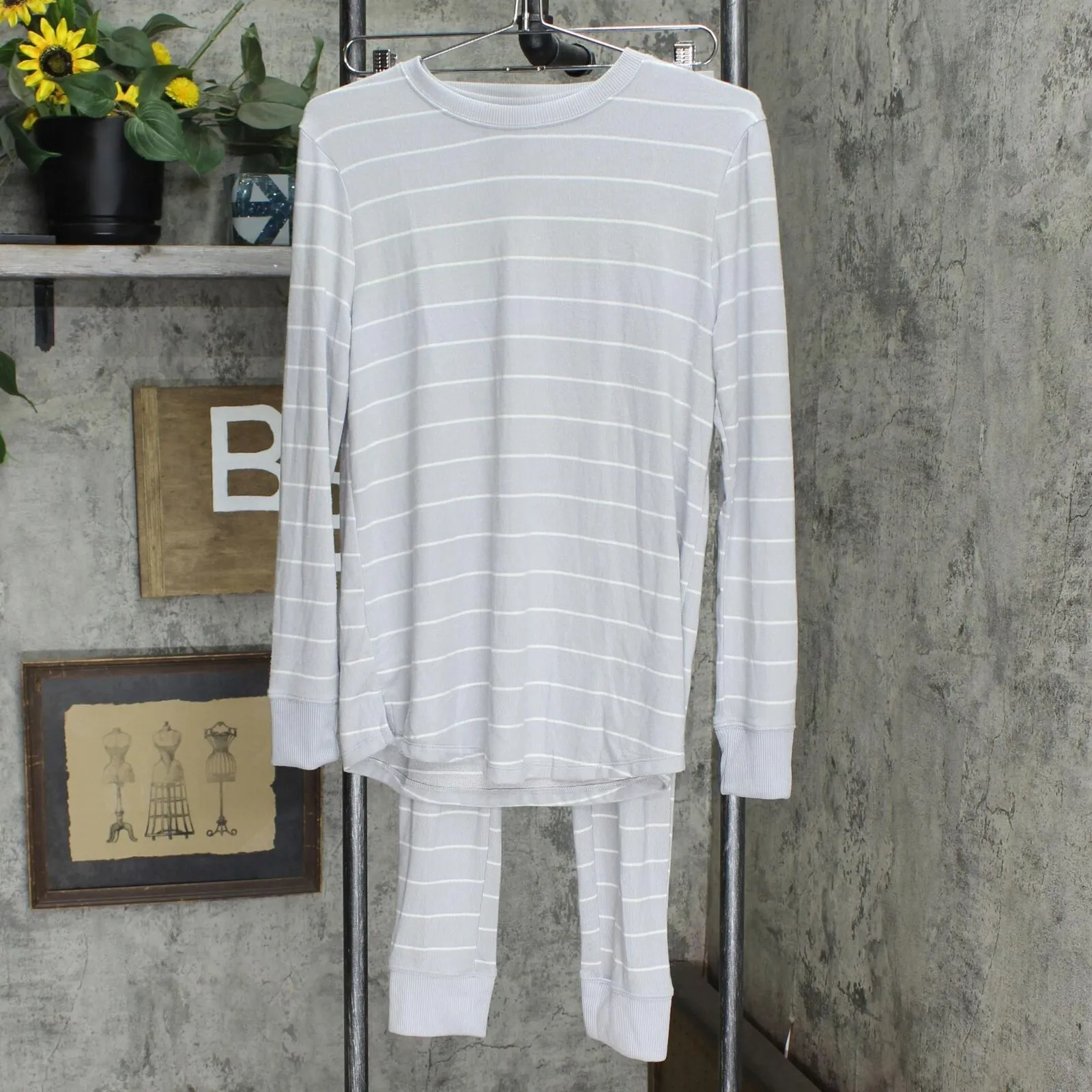 Stars Above Cozy Stripe Print Long Sleeve Top and Pants Pajama Set Gray Stripe S