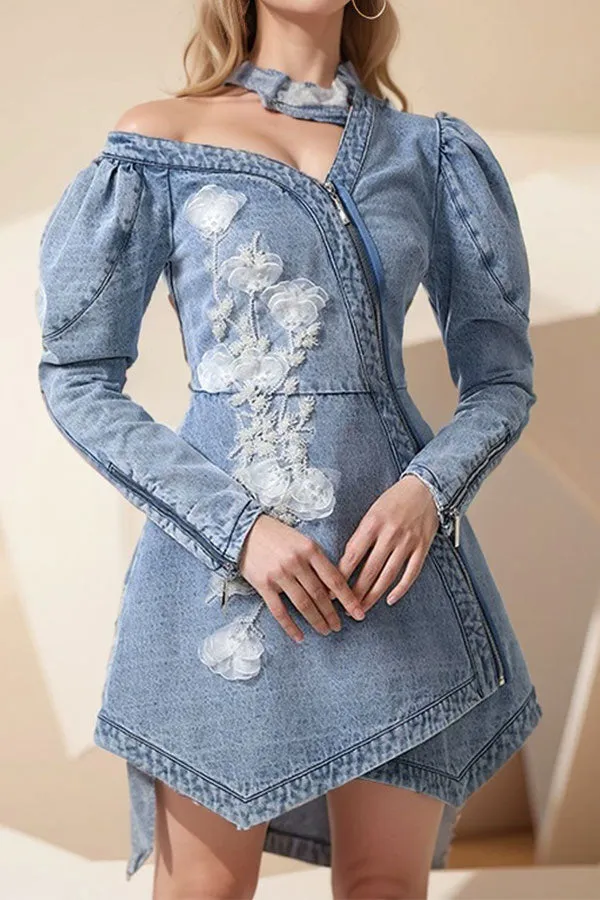 storexq Tulle Floral Applique Decor Sophisticated Irregular Denim Mini Dress
