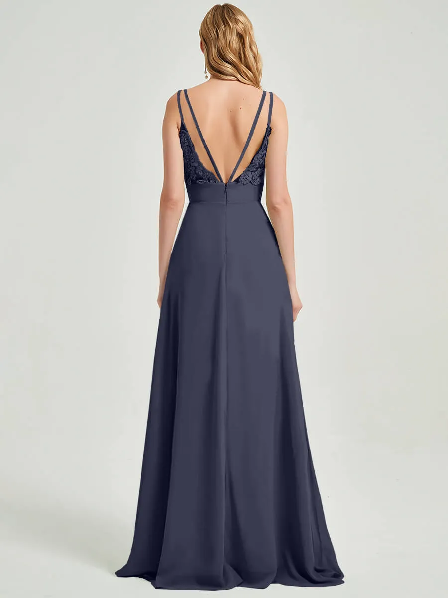 Stormy Spaghetti Strap V-Neck Slit Lace Chiffon Maxi Bridesmaid Dress