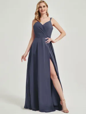 Stormy Spaghetti Strap V-Neck Slit Lace Chiffon Maxi Bridesmaid Dress