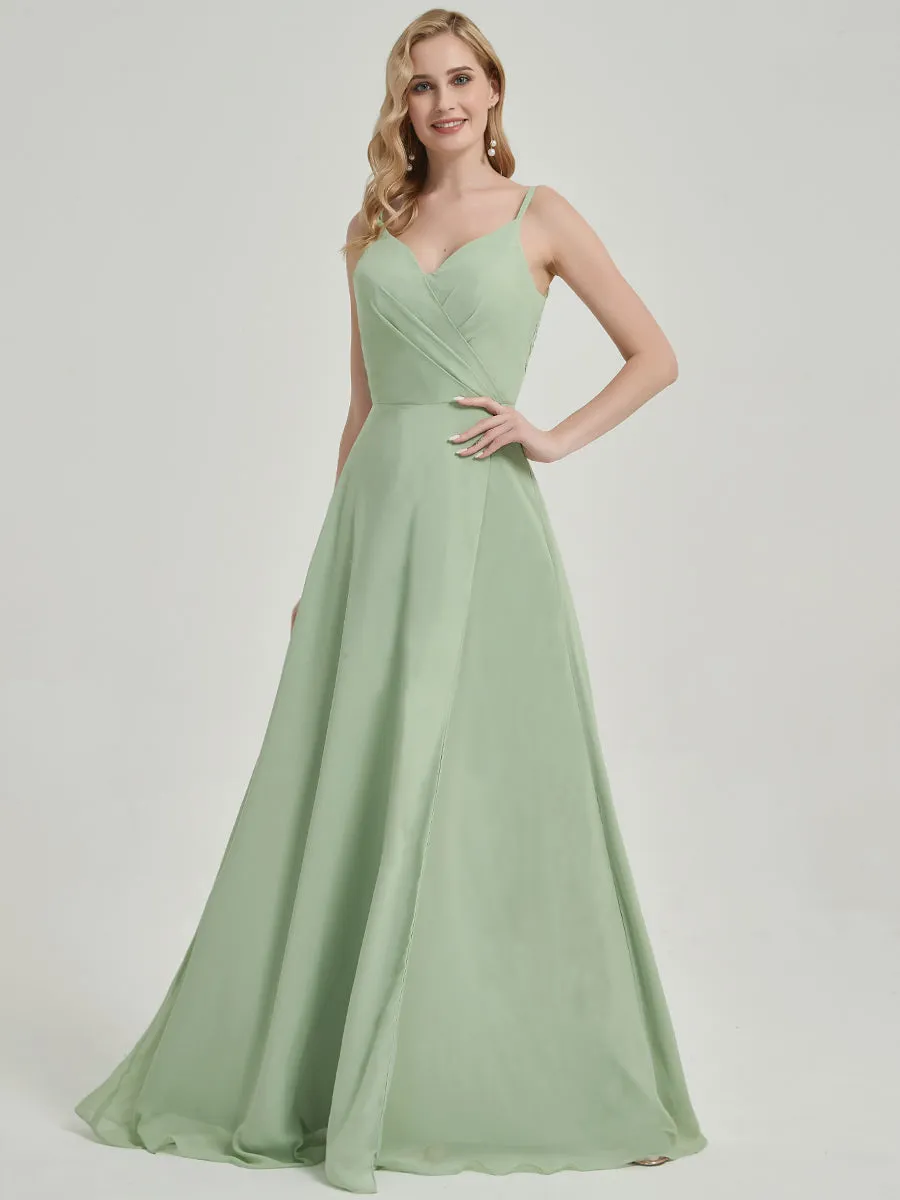 Stormy Spaghetti Strap V-Neck Slit Lace Chiffon Maxi Bridesmaid Dress