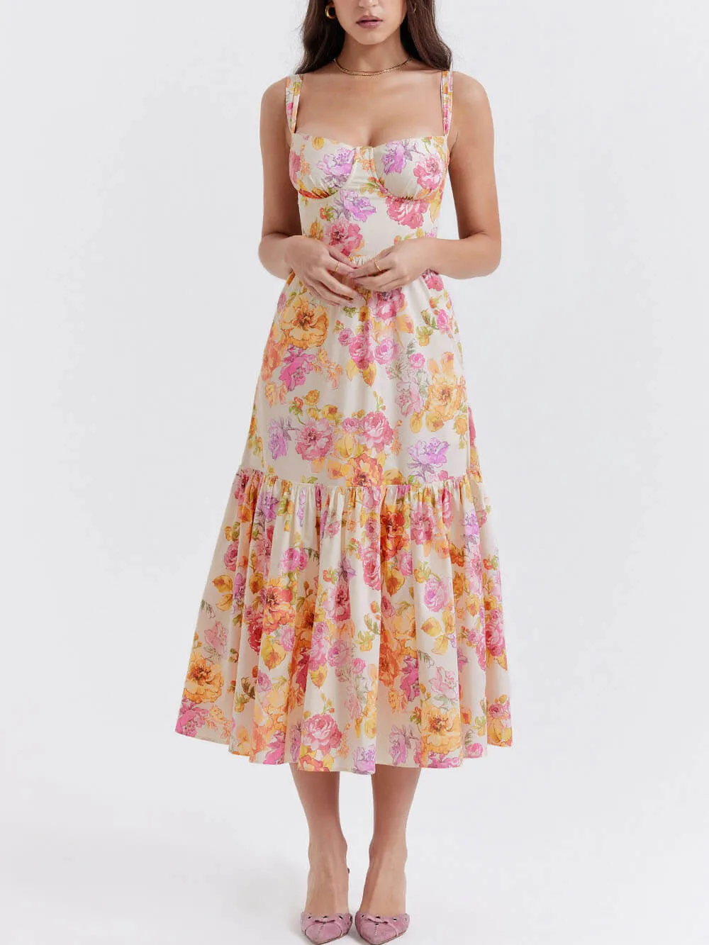 Strap A-Hem Stylish Floral Midi Dress