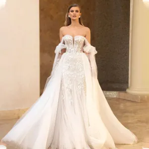 Strapless Detachable Sleeves Lace Appliques V-Neck Wedding Dress