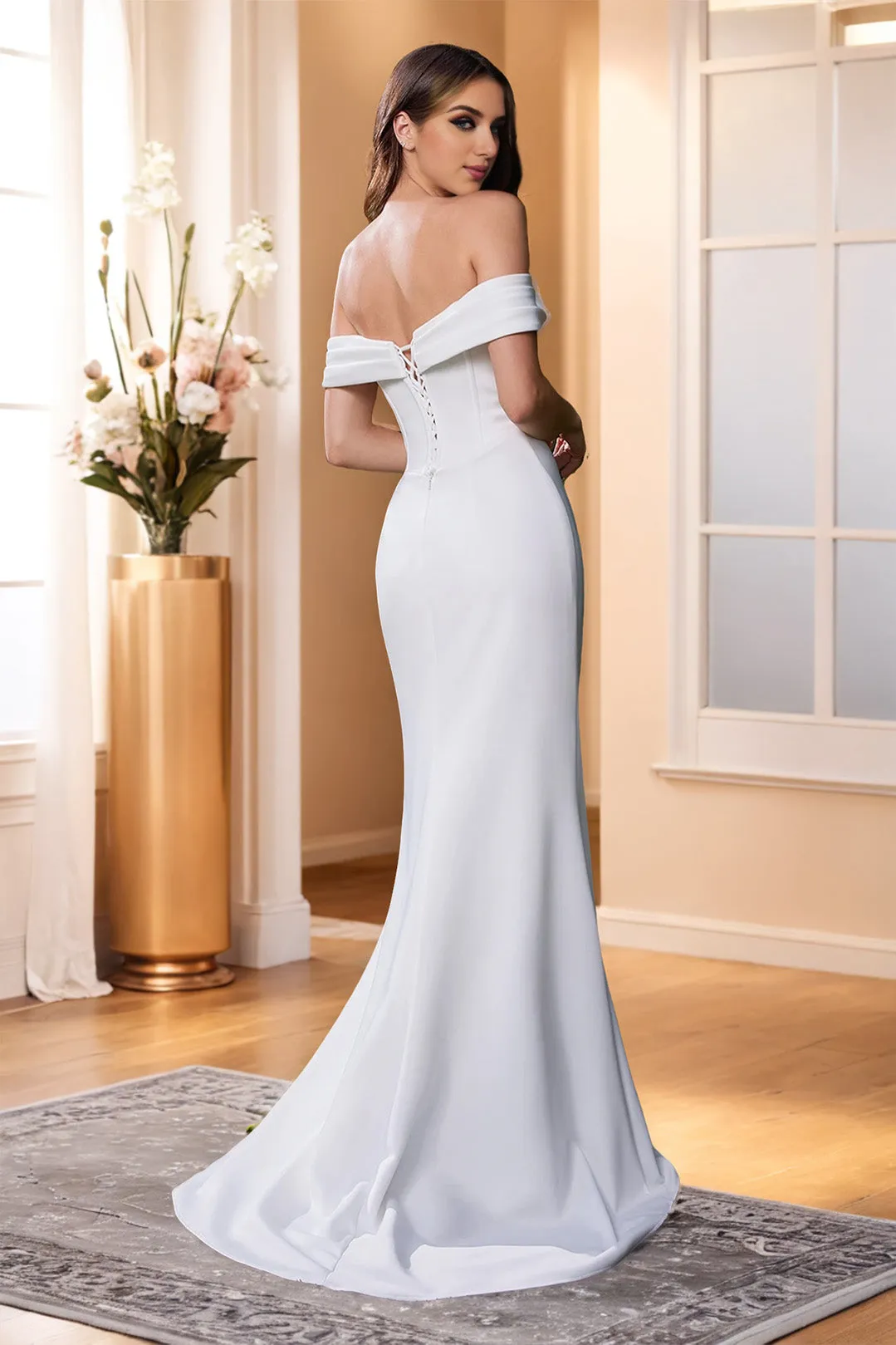 Stretch Satin Sweetheart Off The Shoulder Bridal Dresses with Slit