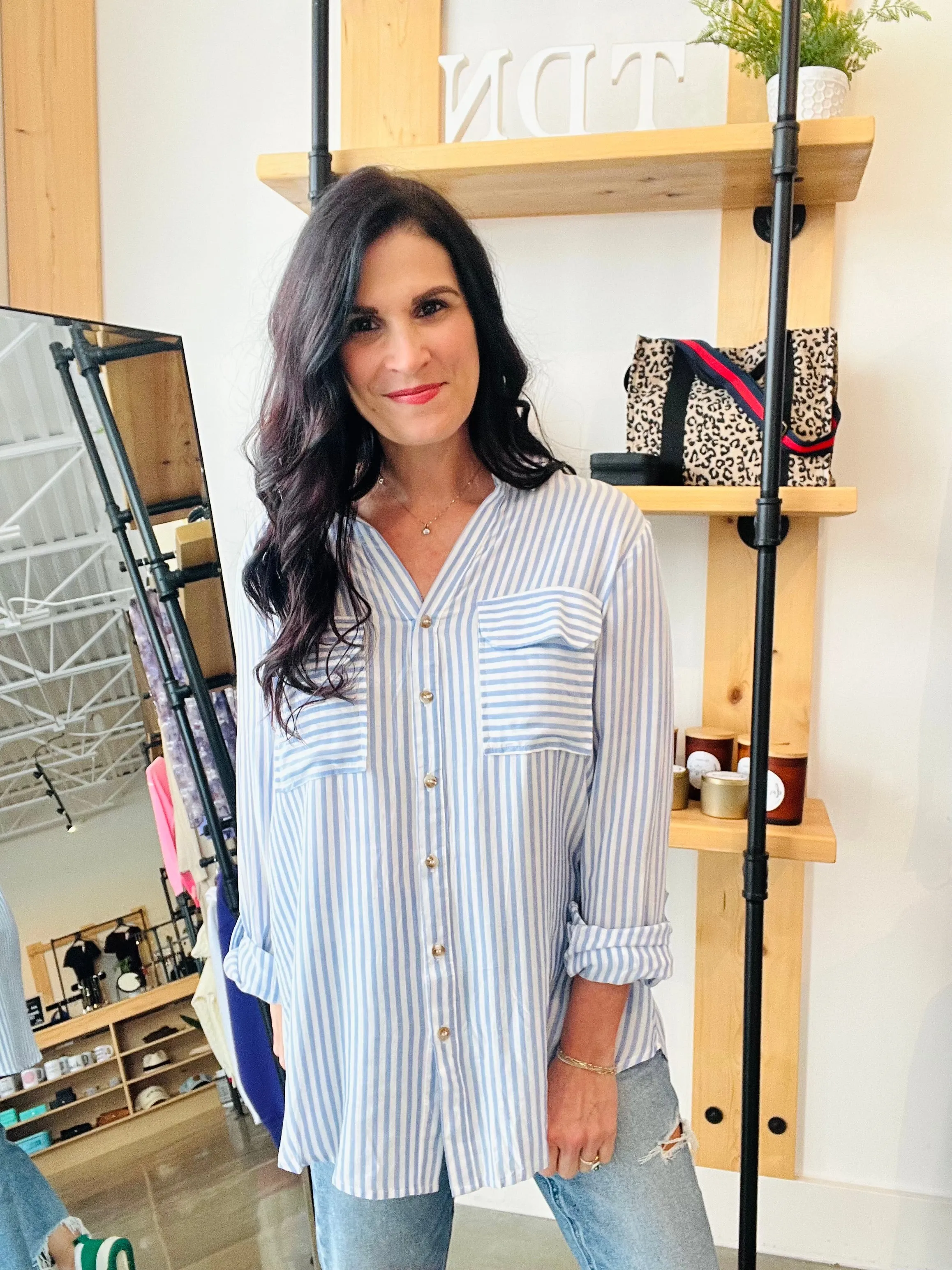 Stripe Collared Button Down Lightweight Shirt - Blue