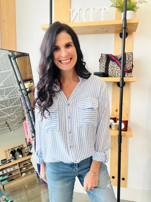 Stripe Collared Button Down Lightweight Shirt - Blue