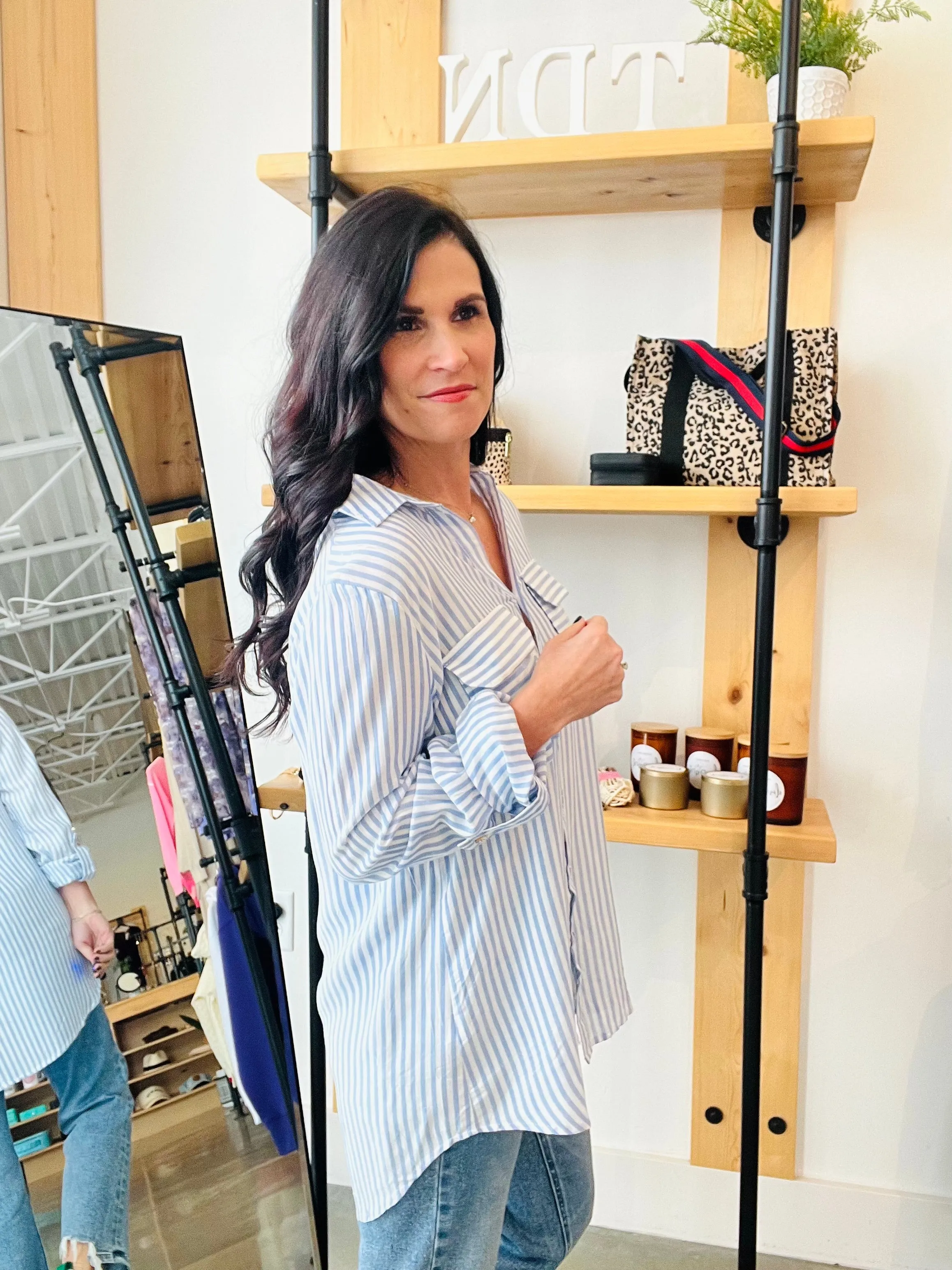 Stripe Collared Button Down Lightweight Shirt - Blue