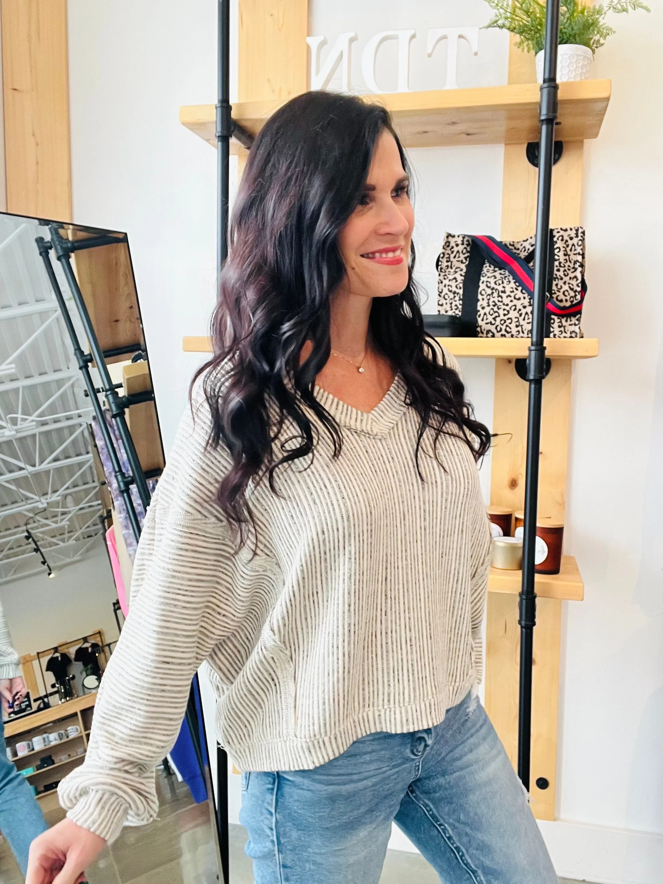 Striped Drop Shoulder V Neck Knit Top - Taupe