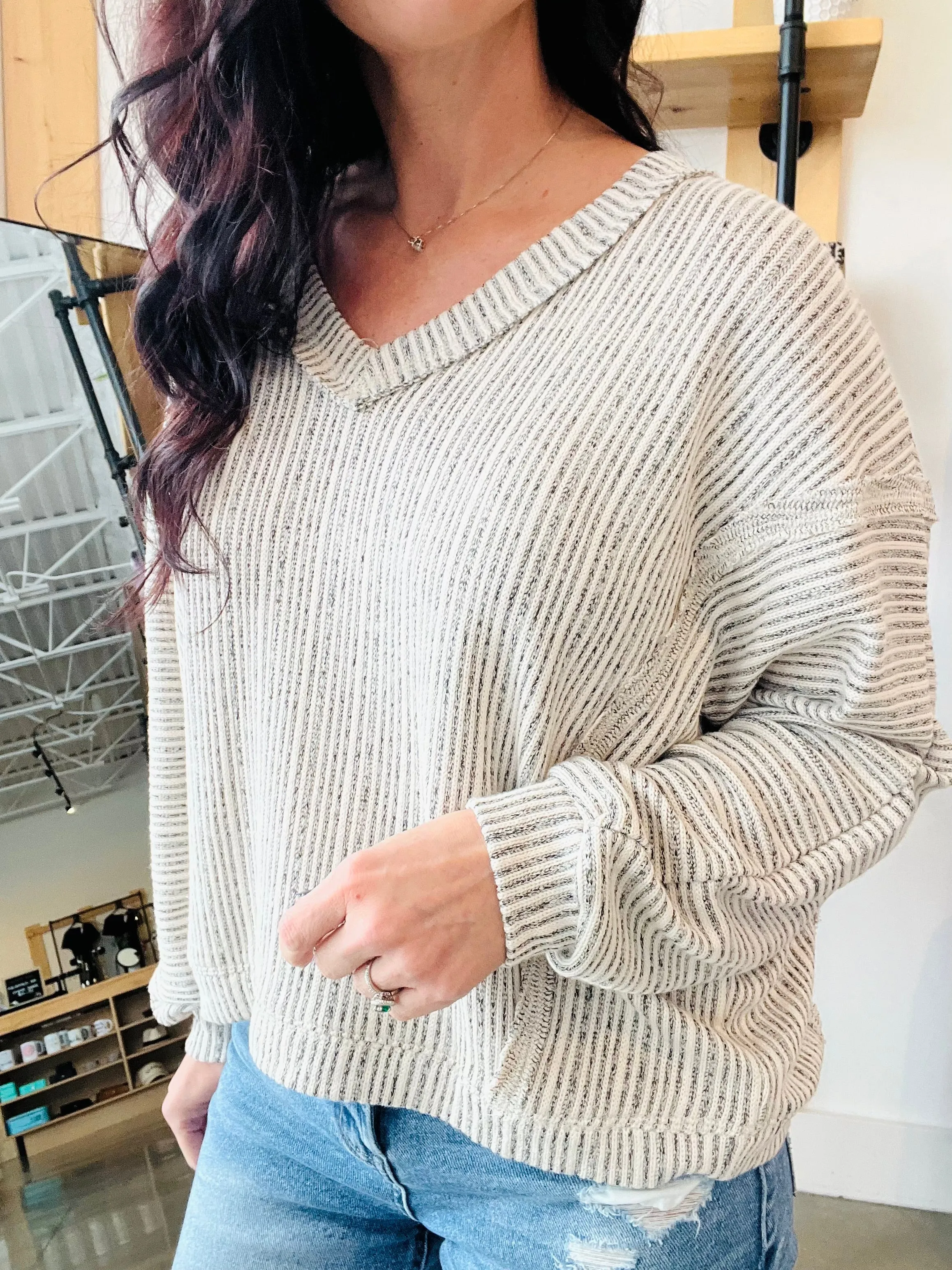 Striped Drop Shoulder V Neck Knit Top - Taupe