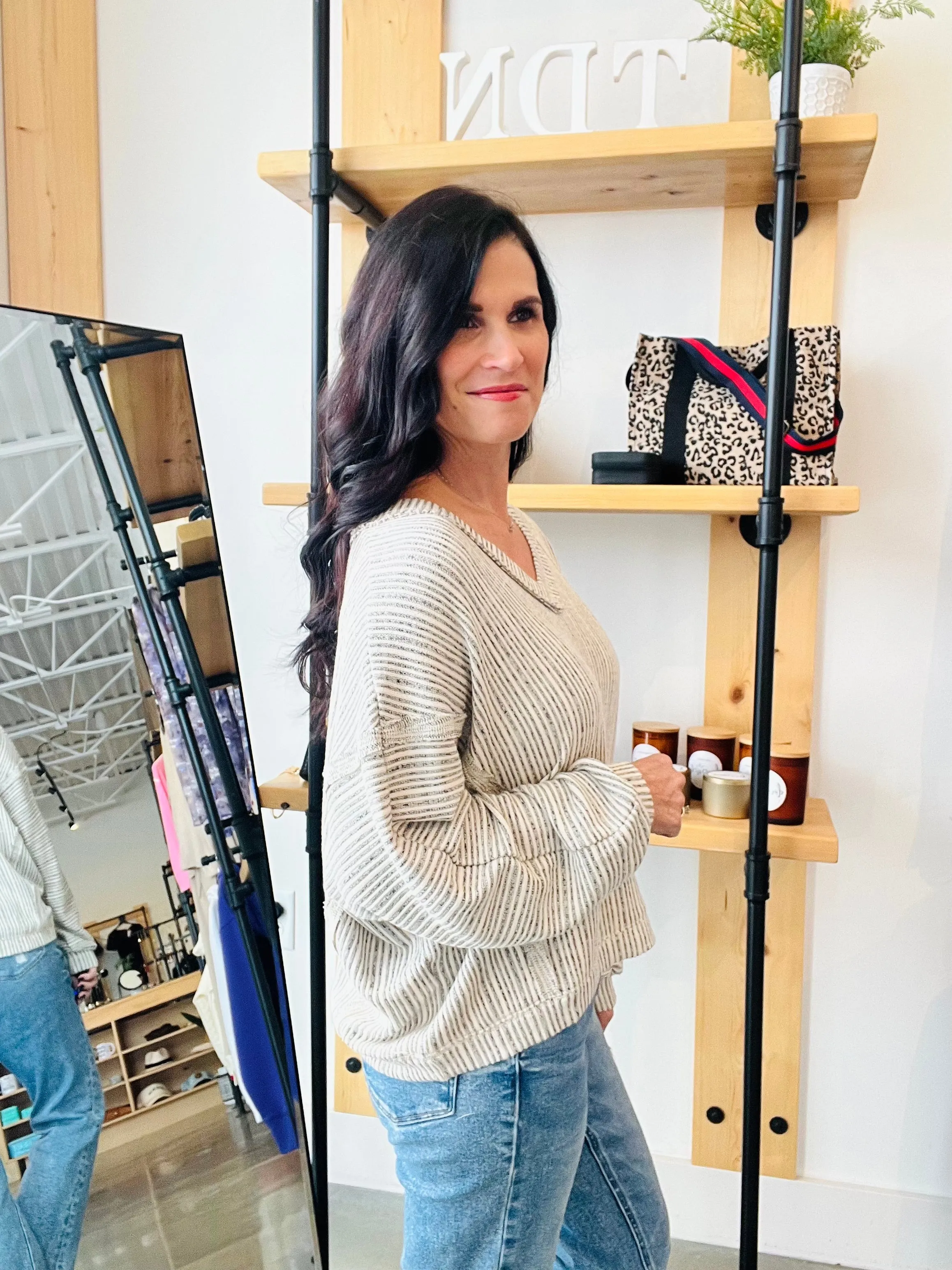 Striped Drop Shoulder V Neck Knit Top - Taupe
