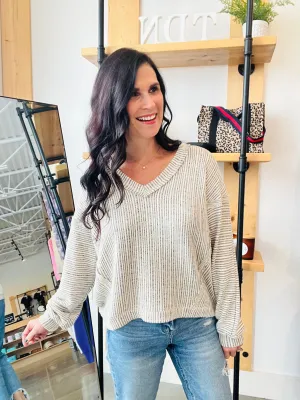 Striped Drop Shoulder V Neck Knit Top - Taupe