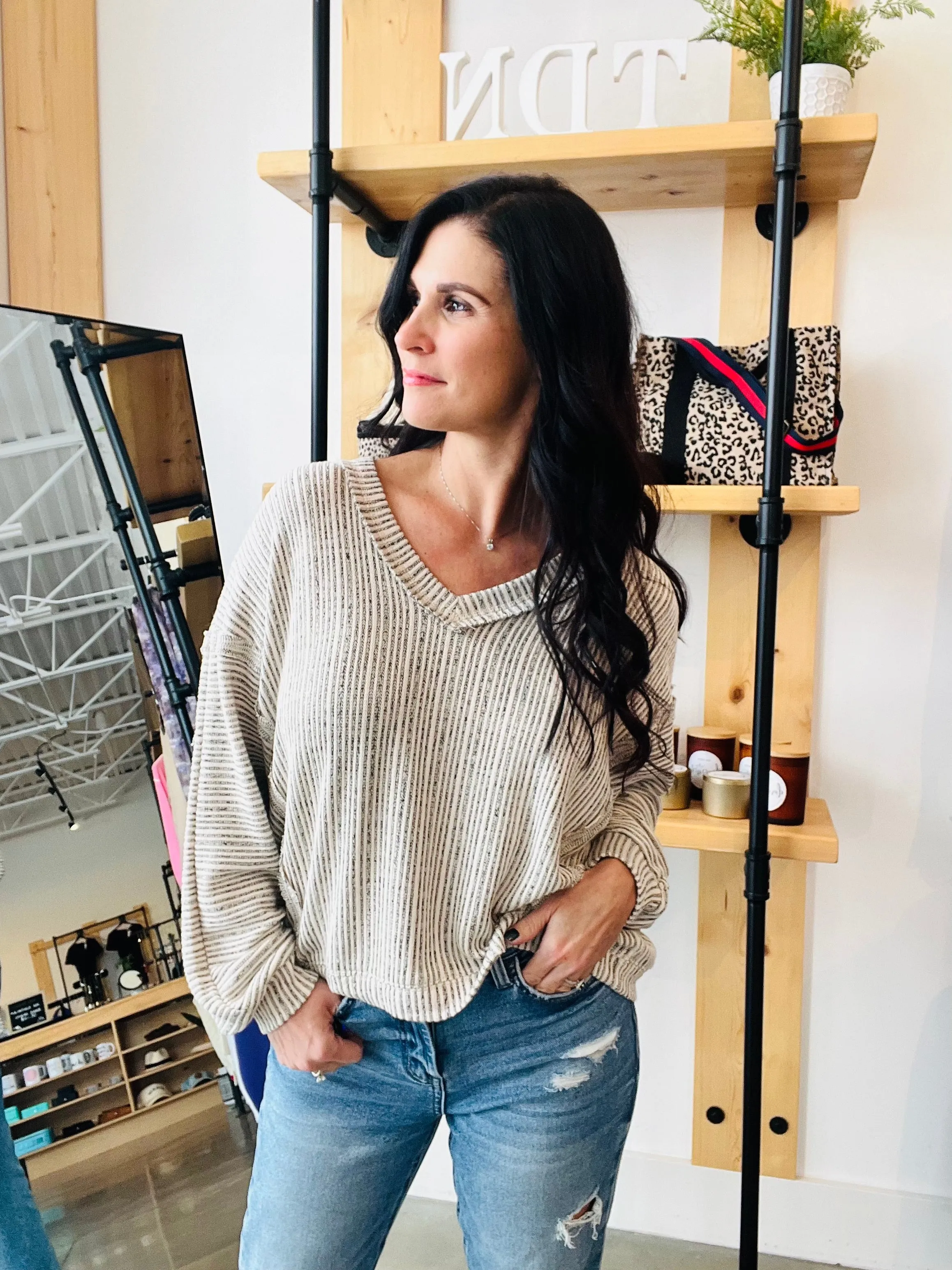 Striped Drop Shoulder V Neck Knit Top - Taupe