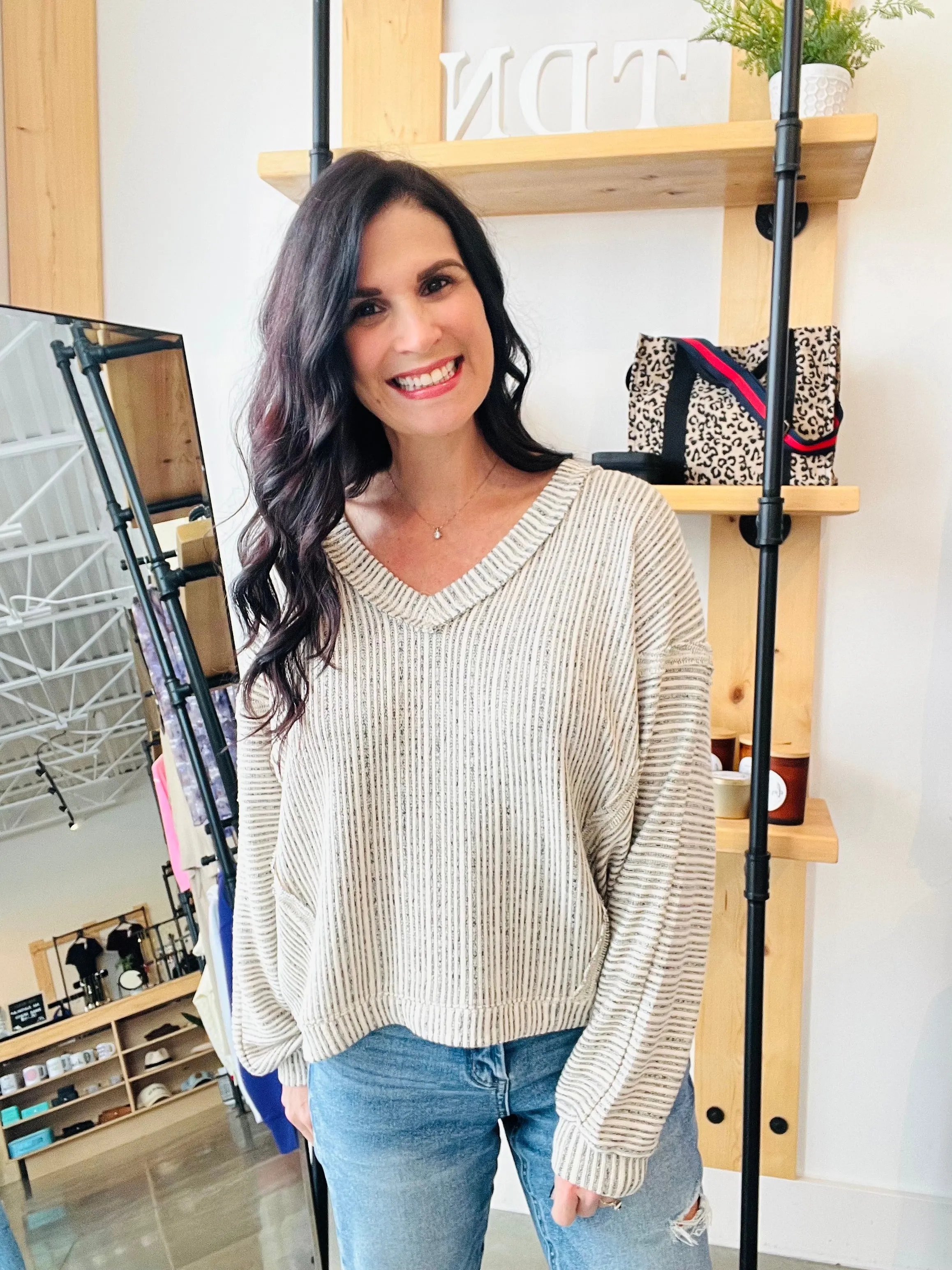 Striped Drop Shoulder V Neck Knit Top - Taupe