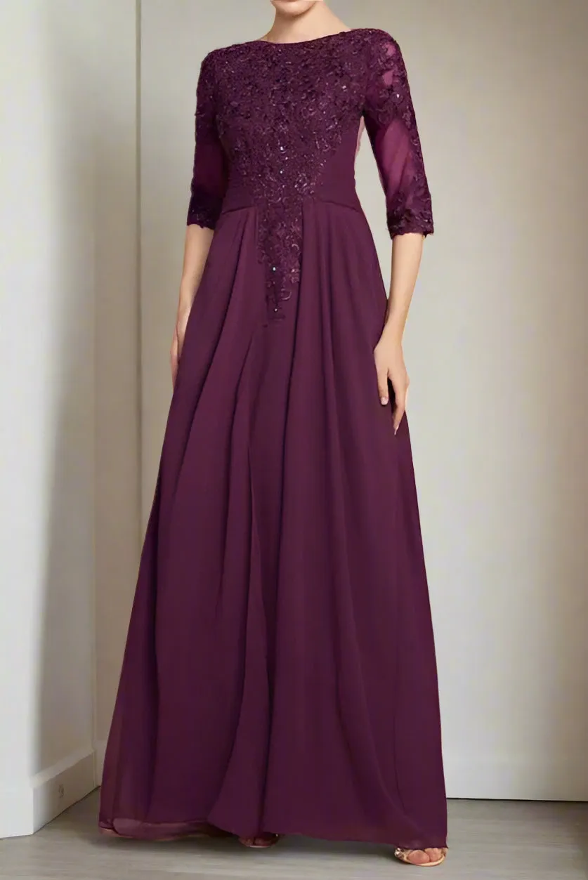 Stunning Scoop Neck Floor Length A Line Grape Mother of the Bride Dress