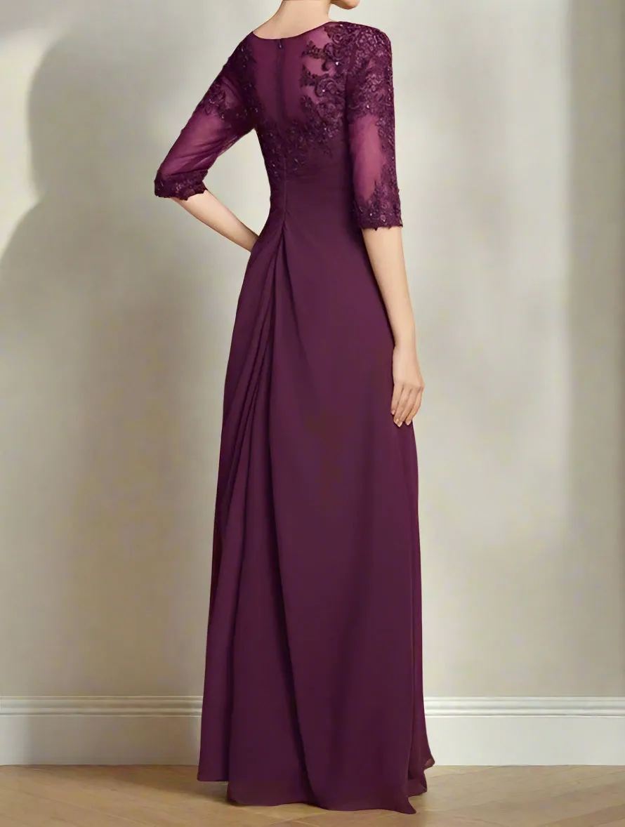 Stunning Scoop Neck Floor Length A Line Grape Mother of the Bride Dress