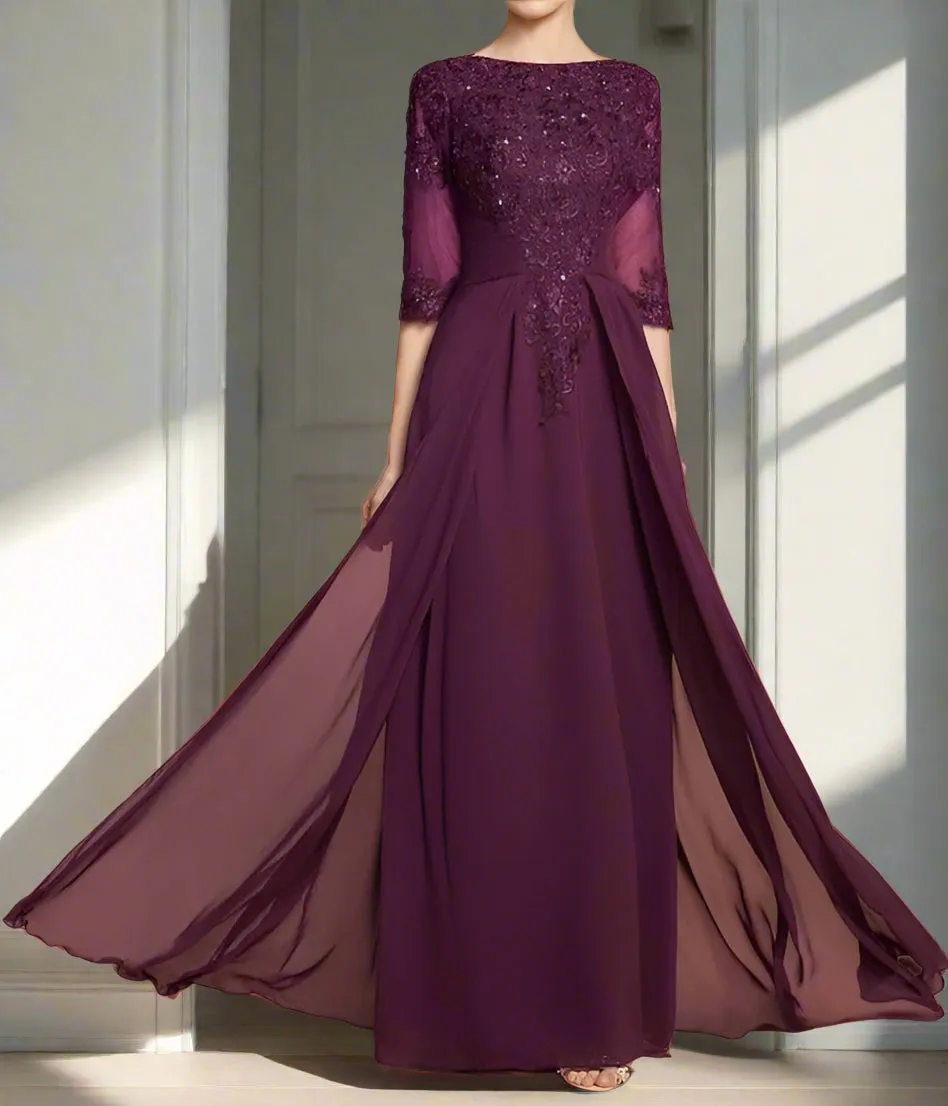 Stunning Scoop Neck Floor Length A Line Grape Mother of the Bride Dress