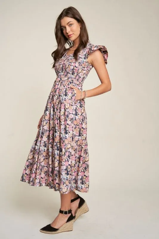 Summer Garden Floral Flutter Smocking Midi Dress