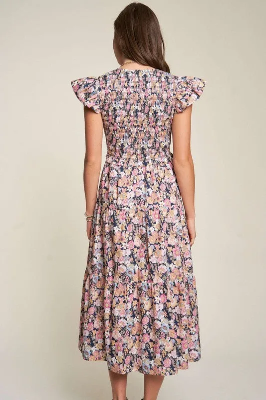 Summer Garden Floral Flutter Smocking Midi Dress