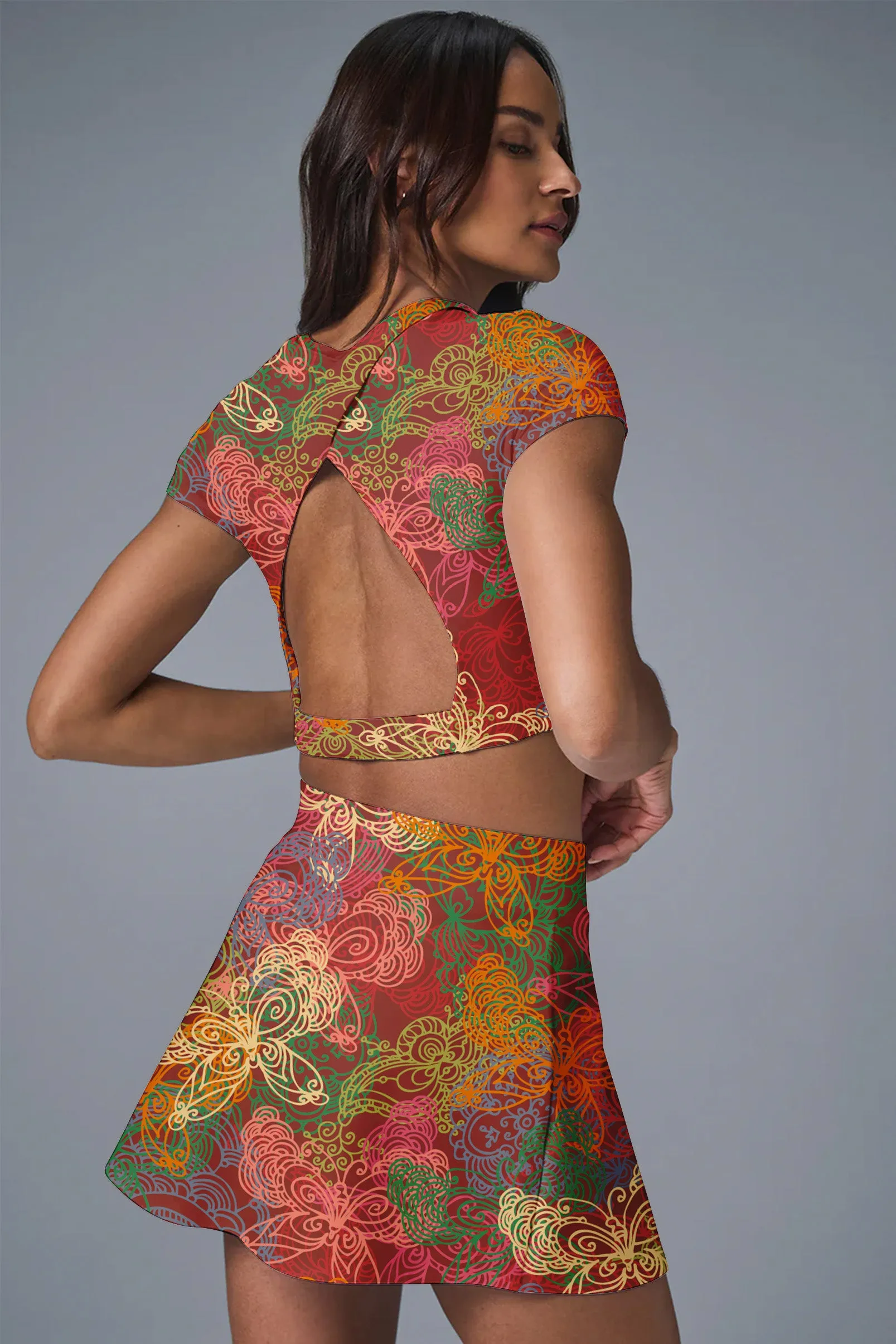 Sunset Bloom 2-Piece Set – Crop Top & Skort for Tennis, Pickleball & Activewear