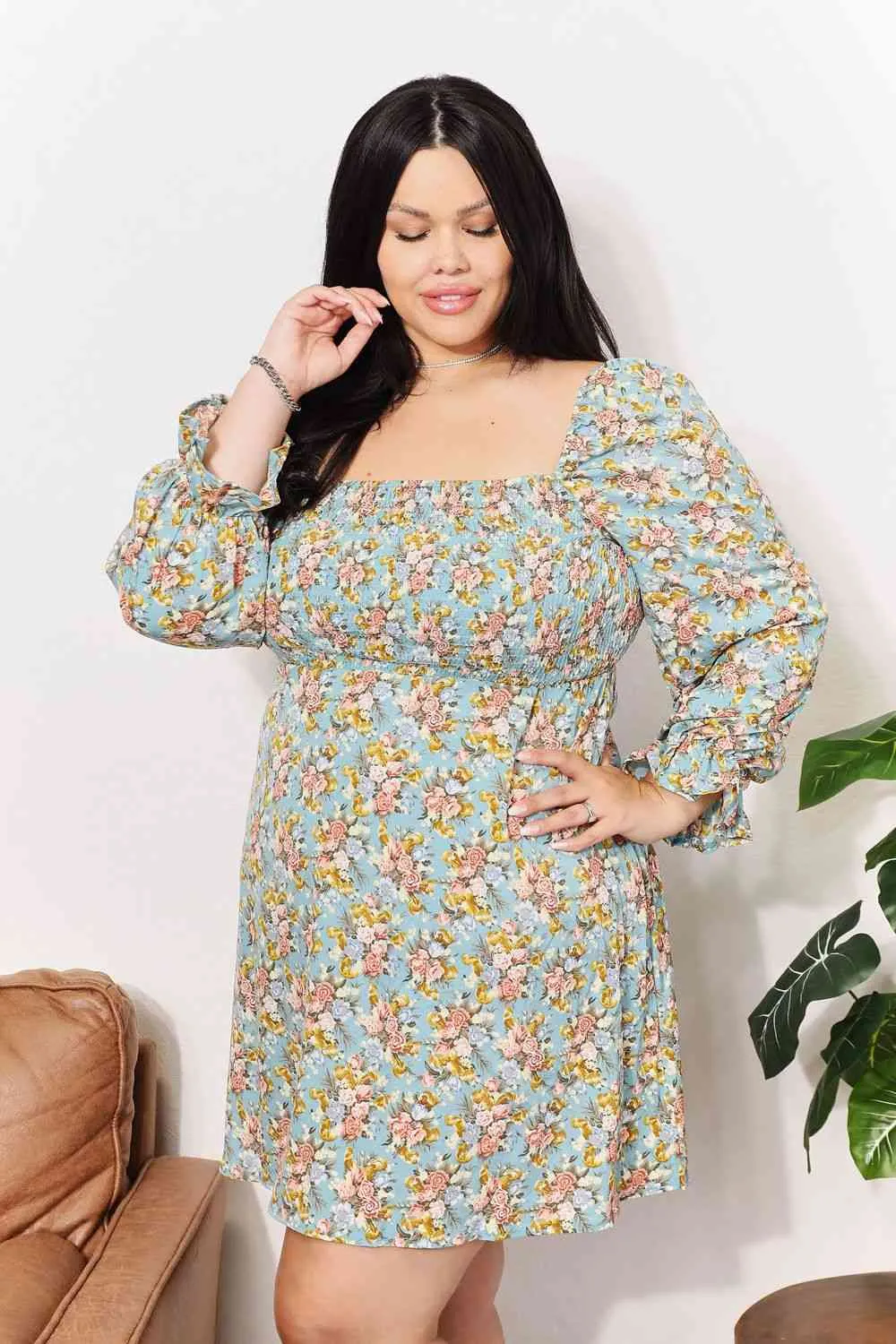 Suzie Floral Smocked Flounce Sleeve Square Neck Dress