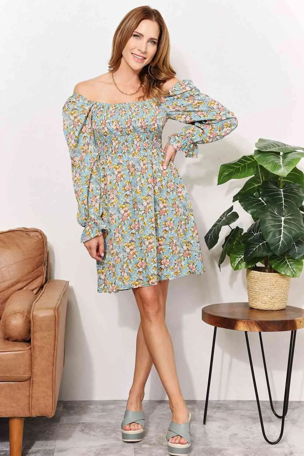Suzie Floral Smocked Flounce Sleeve Square Neck Dress