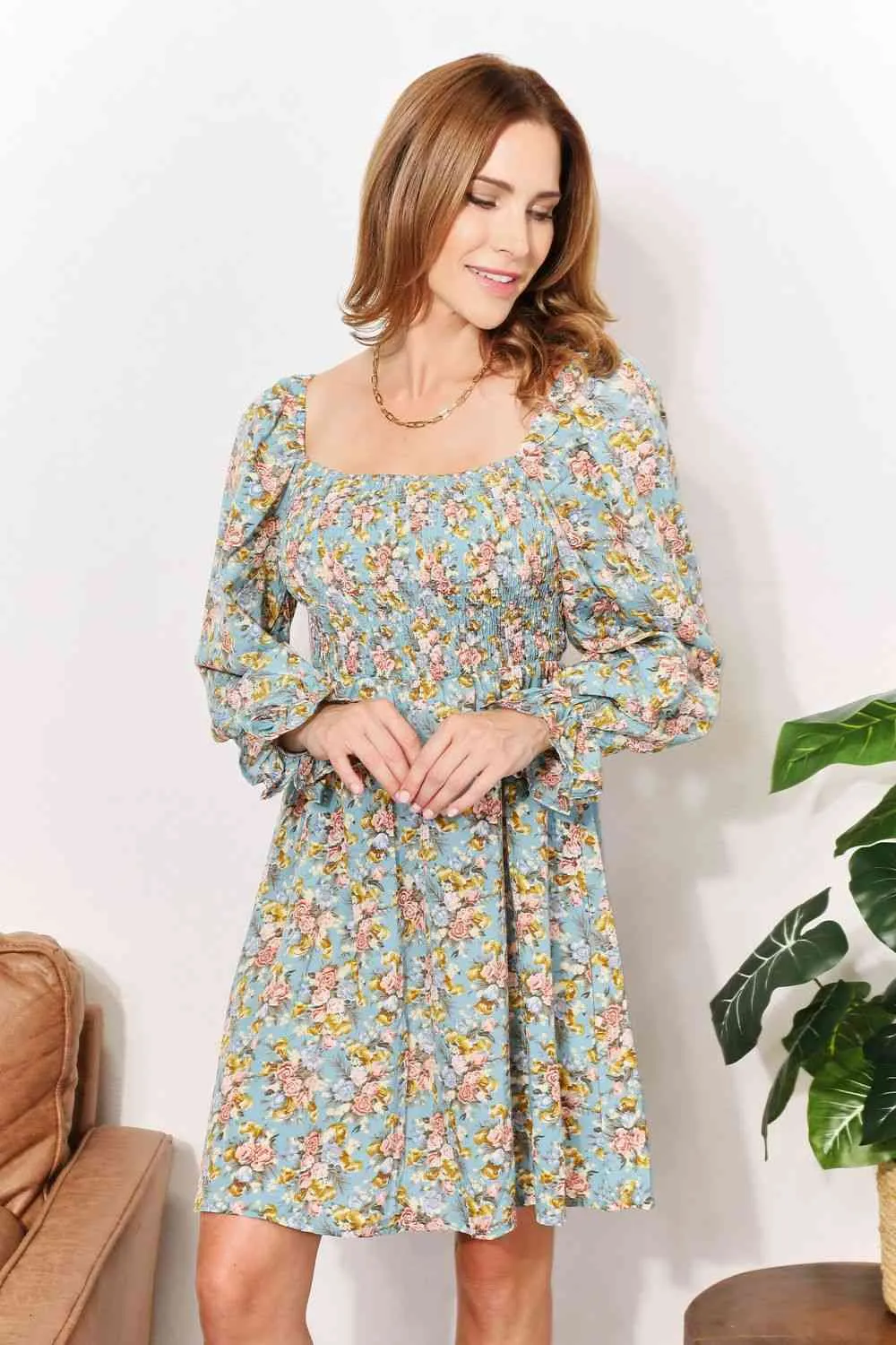 Suzie Floral Smocked Flounce Sleeve Square Neck Dress