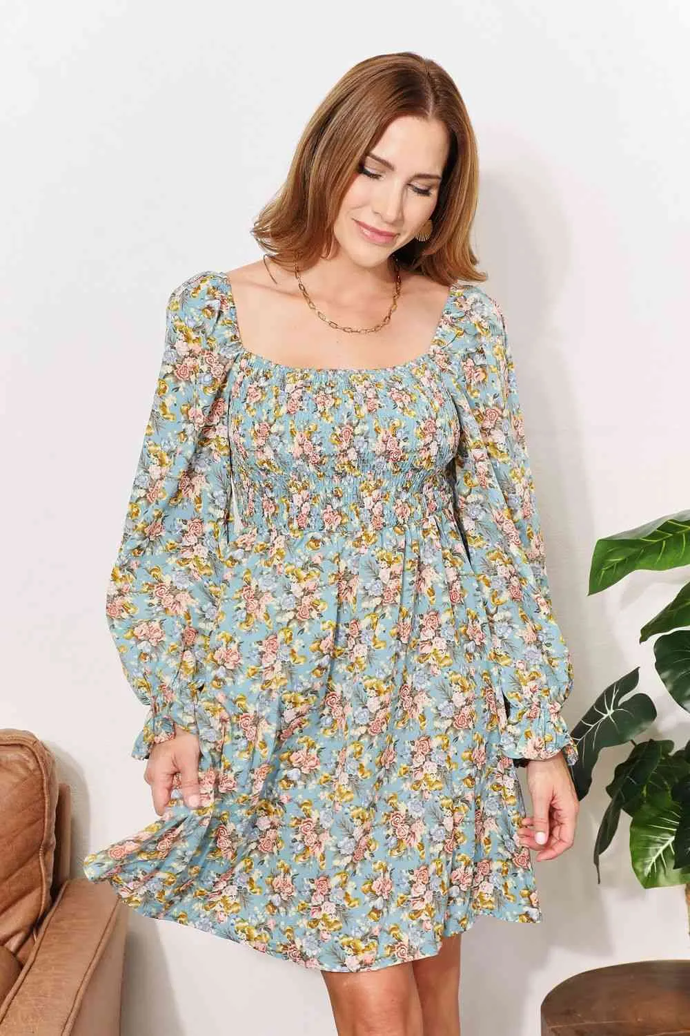 Suzie Floral Smocked Flounce Sleeve Square Neck Dress