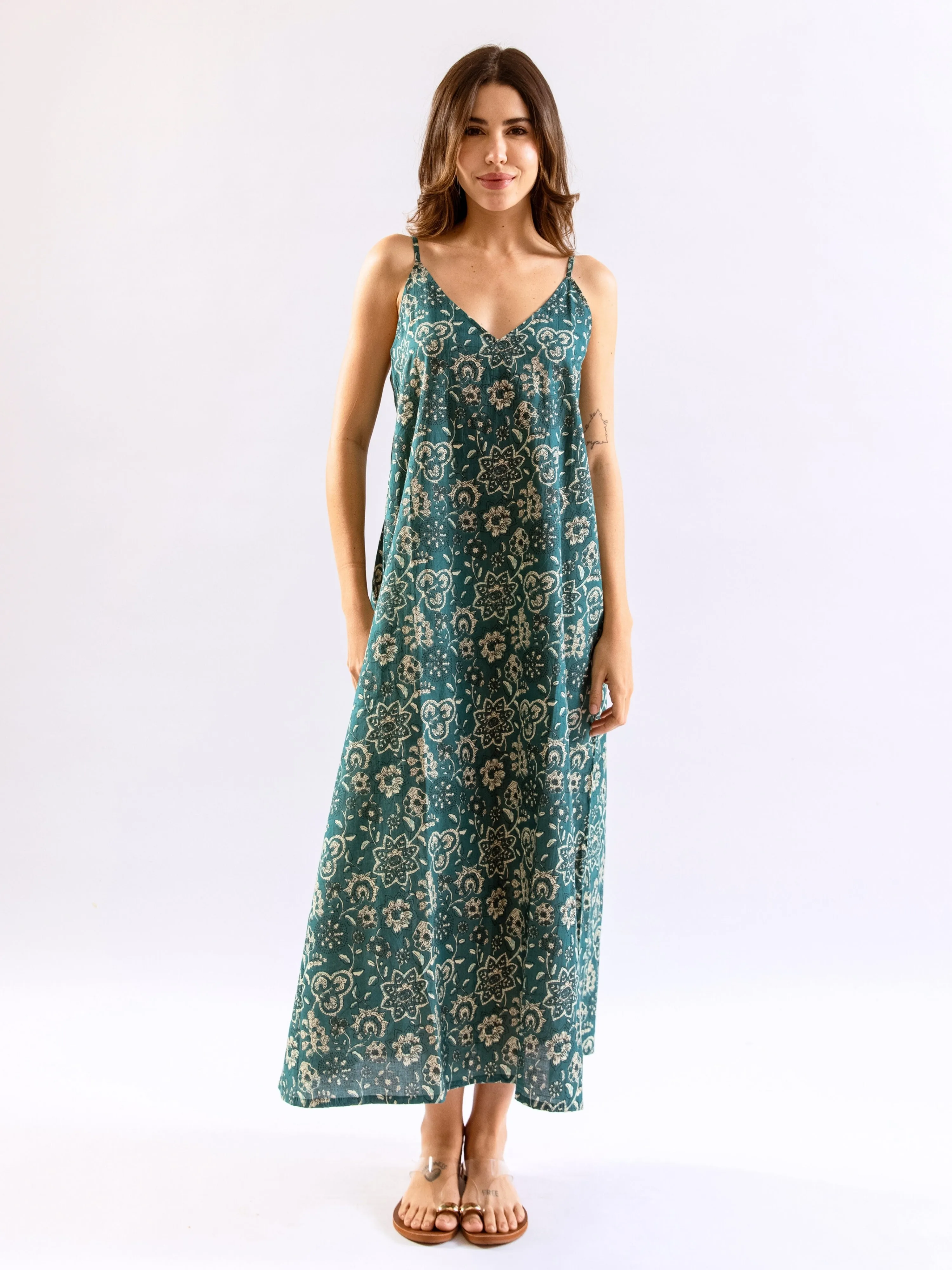 Teal BloomEase Pure Cotton v neck Night Maxi
