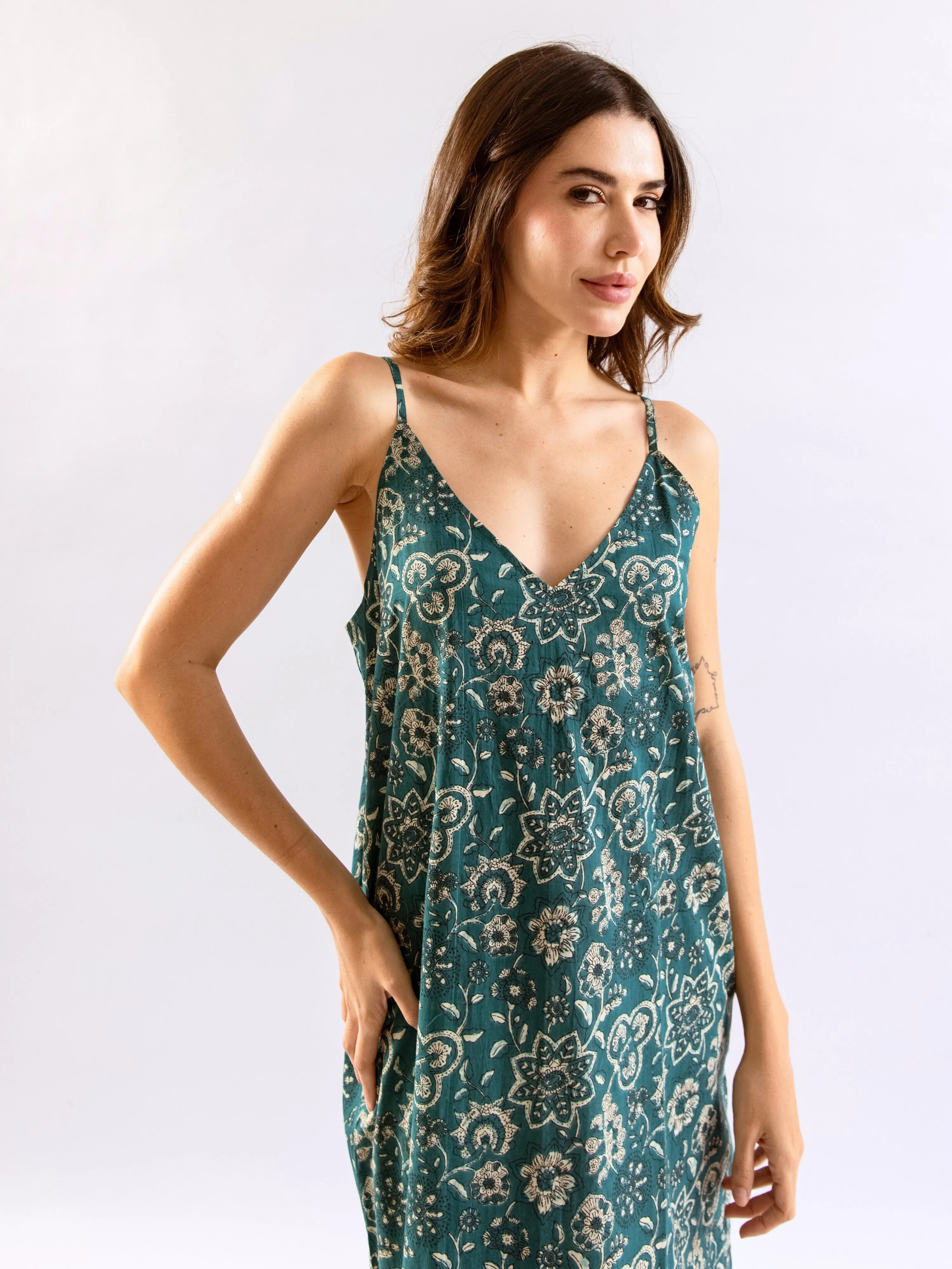 Teal BloomEase Pure Cotton v neck Night Maxi