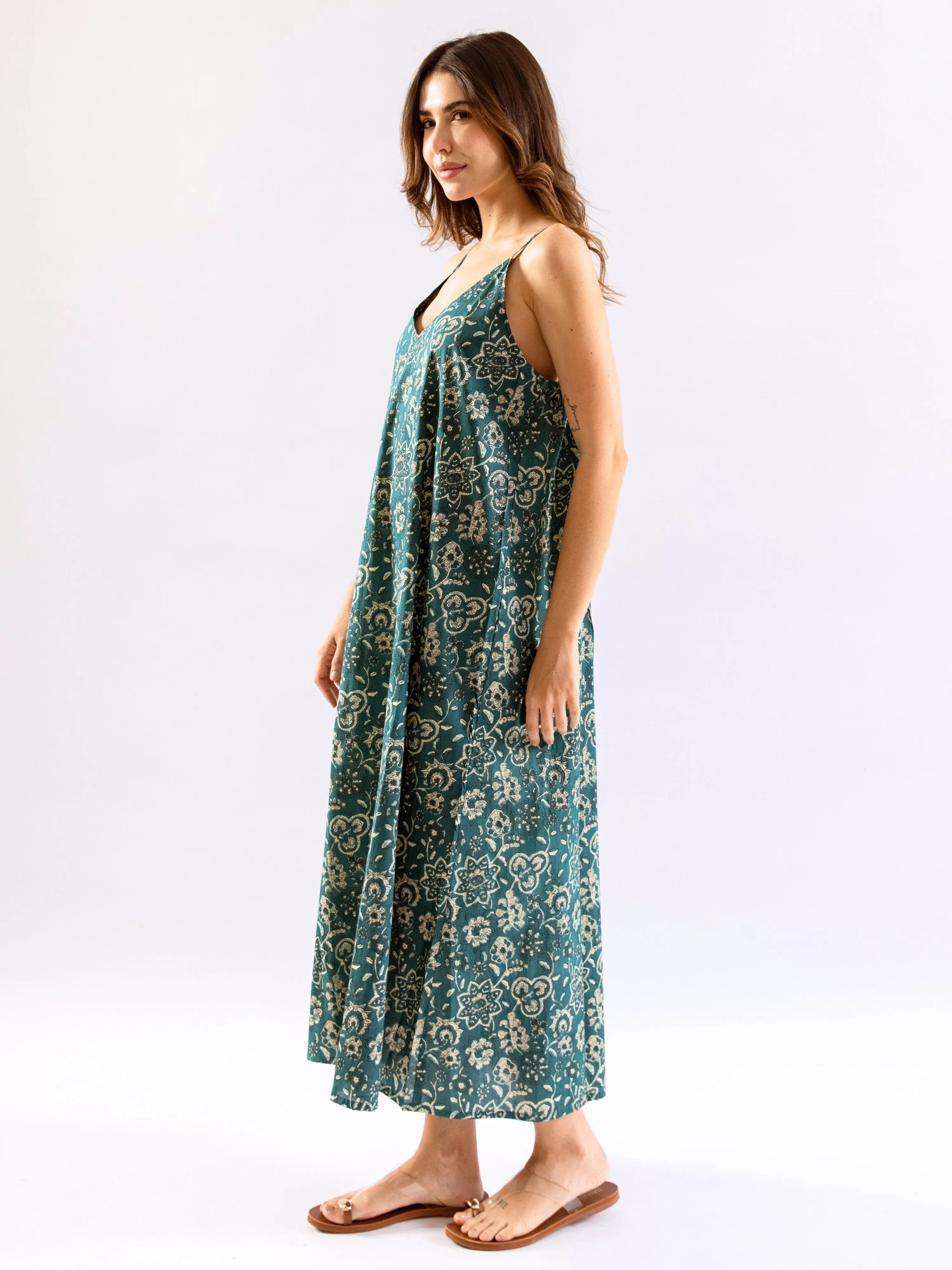Teal BloomEase Pure Cotton v neck Night Maxi