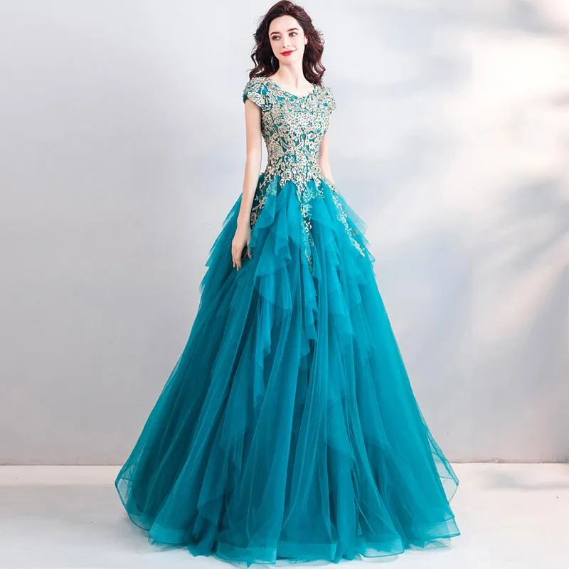 Teal Luxury Layers Skirt Lace Embroidery Party Gown