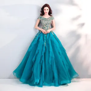 Teal Luxury Layers Skirt Lace Embroidery Party Gown