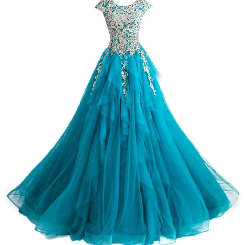 Teal Luxury Layers Skirt Lace Embroidery Party Gown