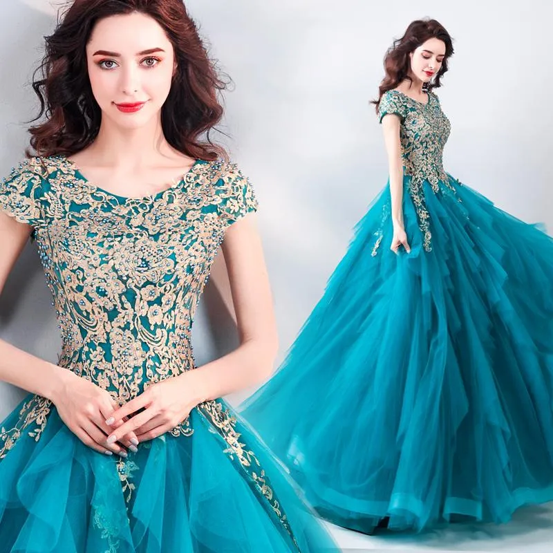 Teal Luxury Layers Skirt Lace Embroidery Party Gown