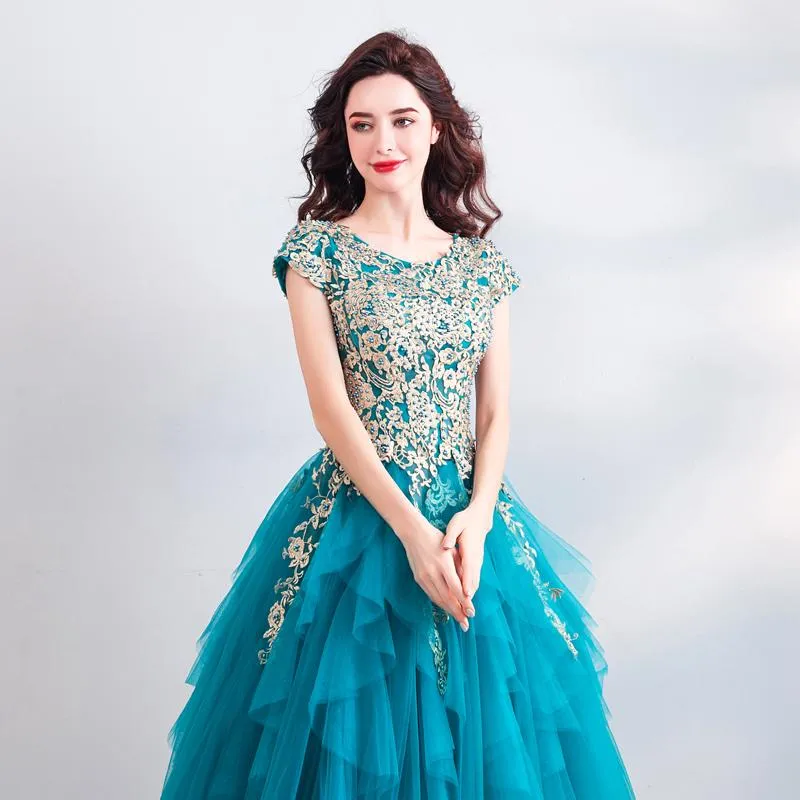 Teal Luxury Layers Skirt Lace Embroidery Party Gown