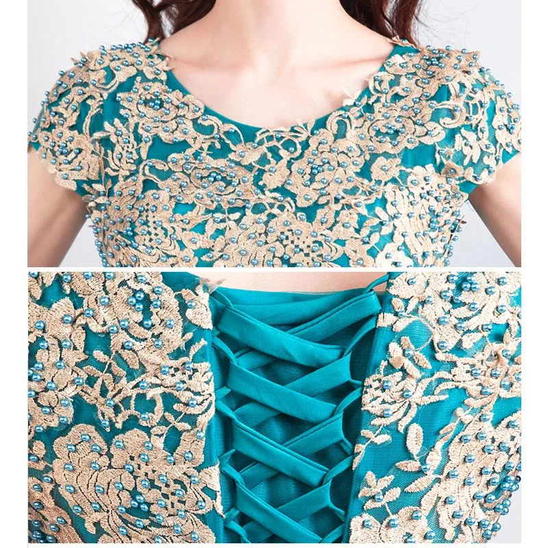 Teal Luxury Layers Skirt Lace Embroidery Party Gown