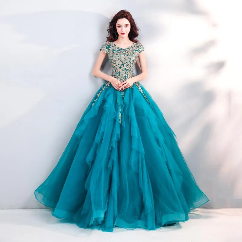 Teal Luxury Layers Skirt Lace Embroidery Party Gown
