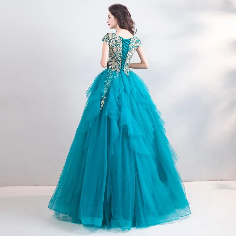 Teal Luxury Layers Skirt Lace Embroidery Party Gown