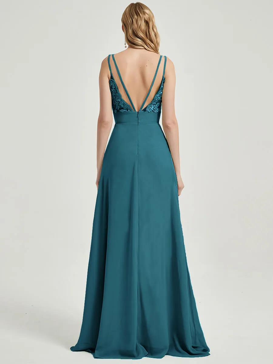 Teal Spaghetti Strap V-Neck Slit Lace Chiffon Maxi Bridesmaid Dress