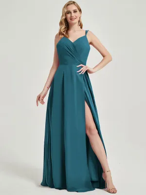 Teal Spaghetti Strap V-Neck Slit Lace Chiffon Maxi Bridesmaid Dress